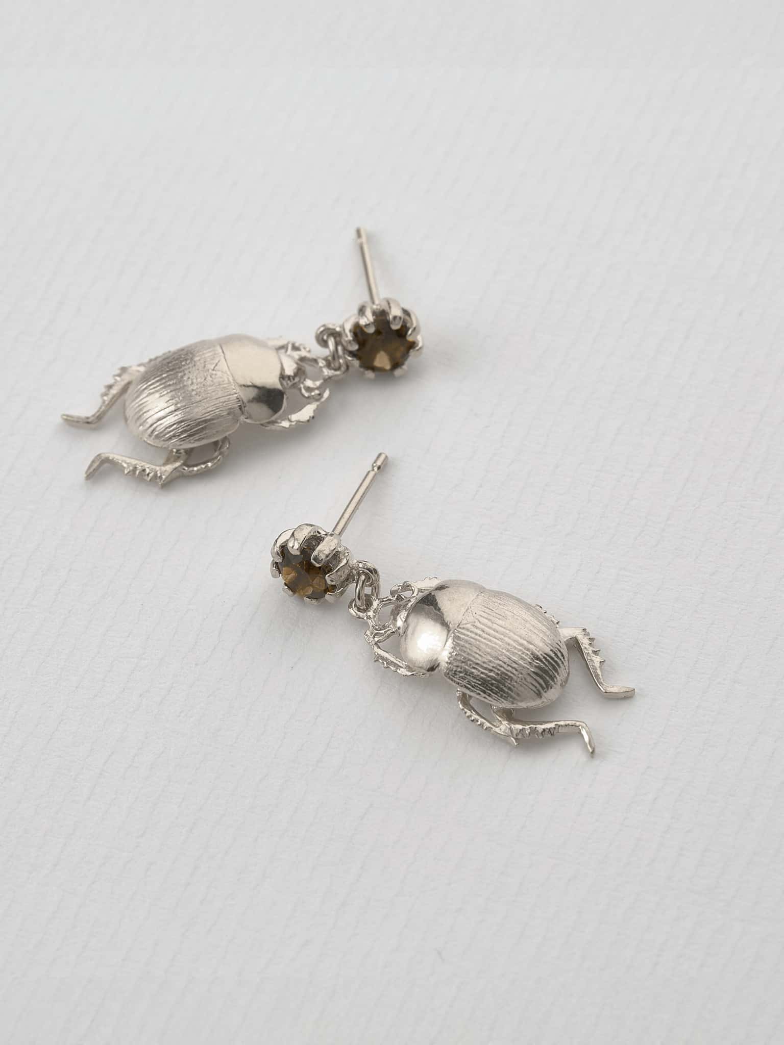 Dor Beetle & Smoky Quartz Drop Earrings - image 6 | silver
