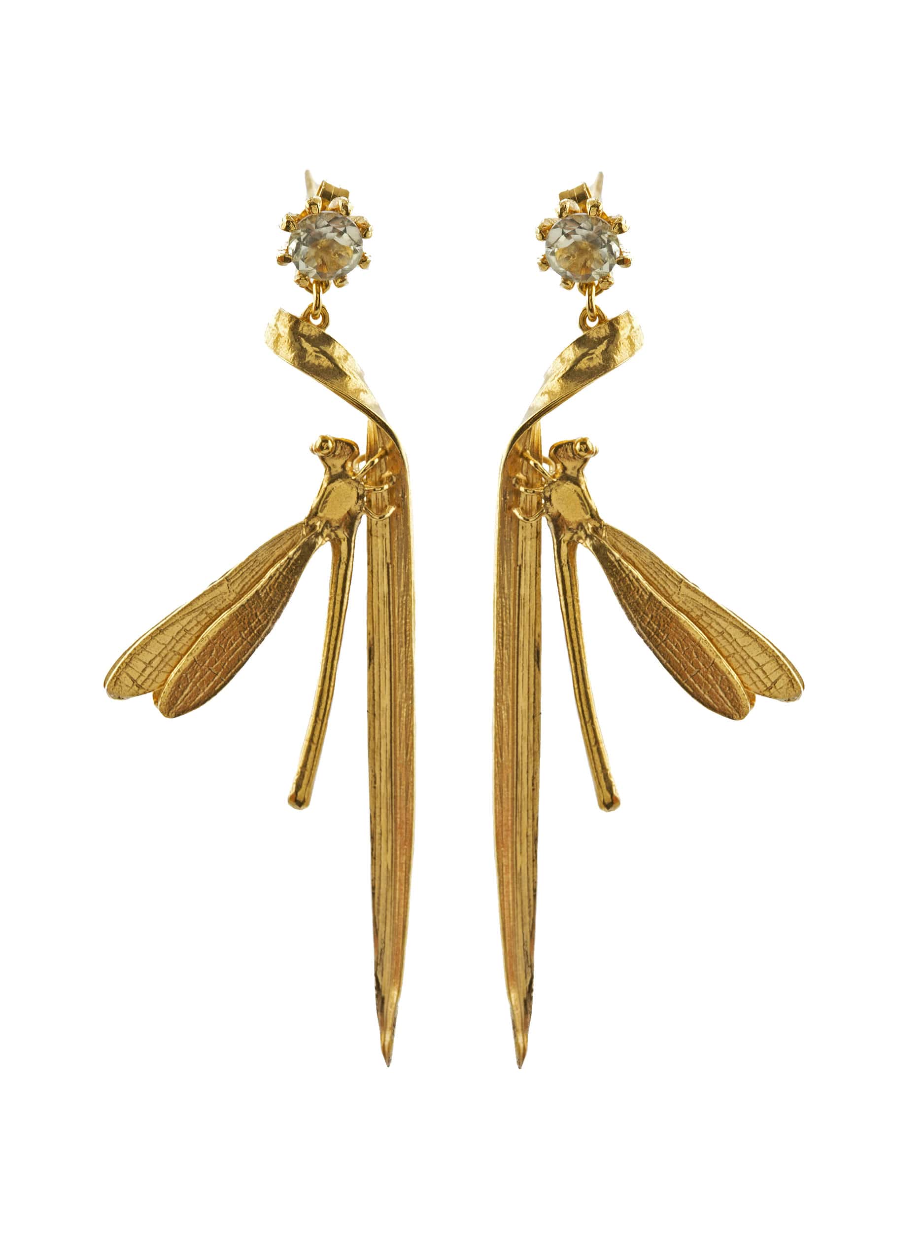 Damsel Fly & Grassblade Green Amethyst Drop Earrings - image 1 | gold plate