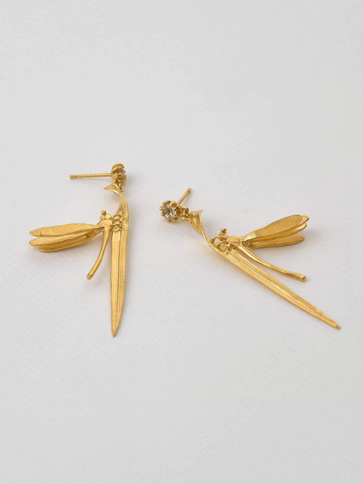 Damsel Fly & Grassblade Green Amethyst Drop Earrings - image 4 | gold plate