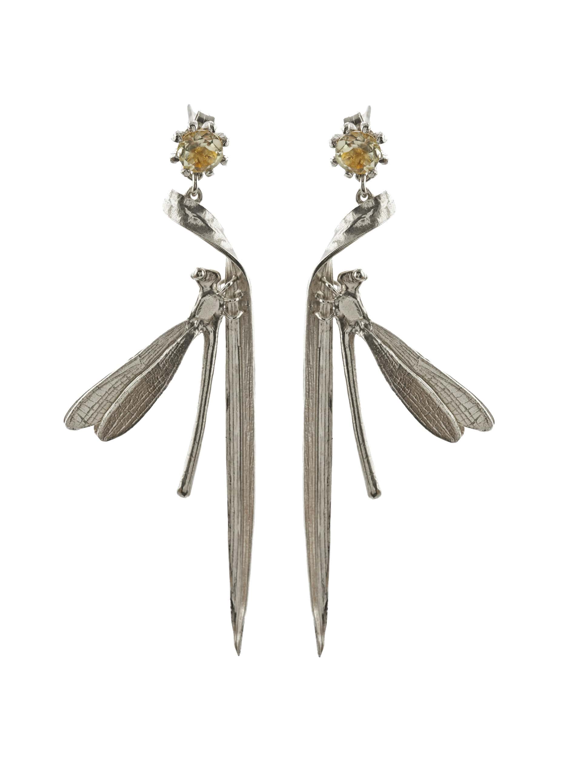 Damsel Fly & Grassblade Green Amethyst Drop Earrings - image 5 | silver