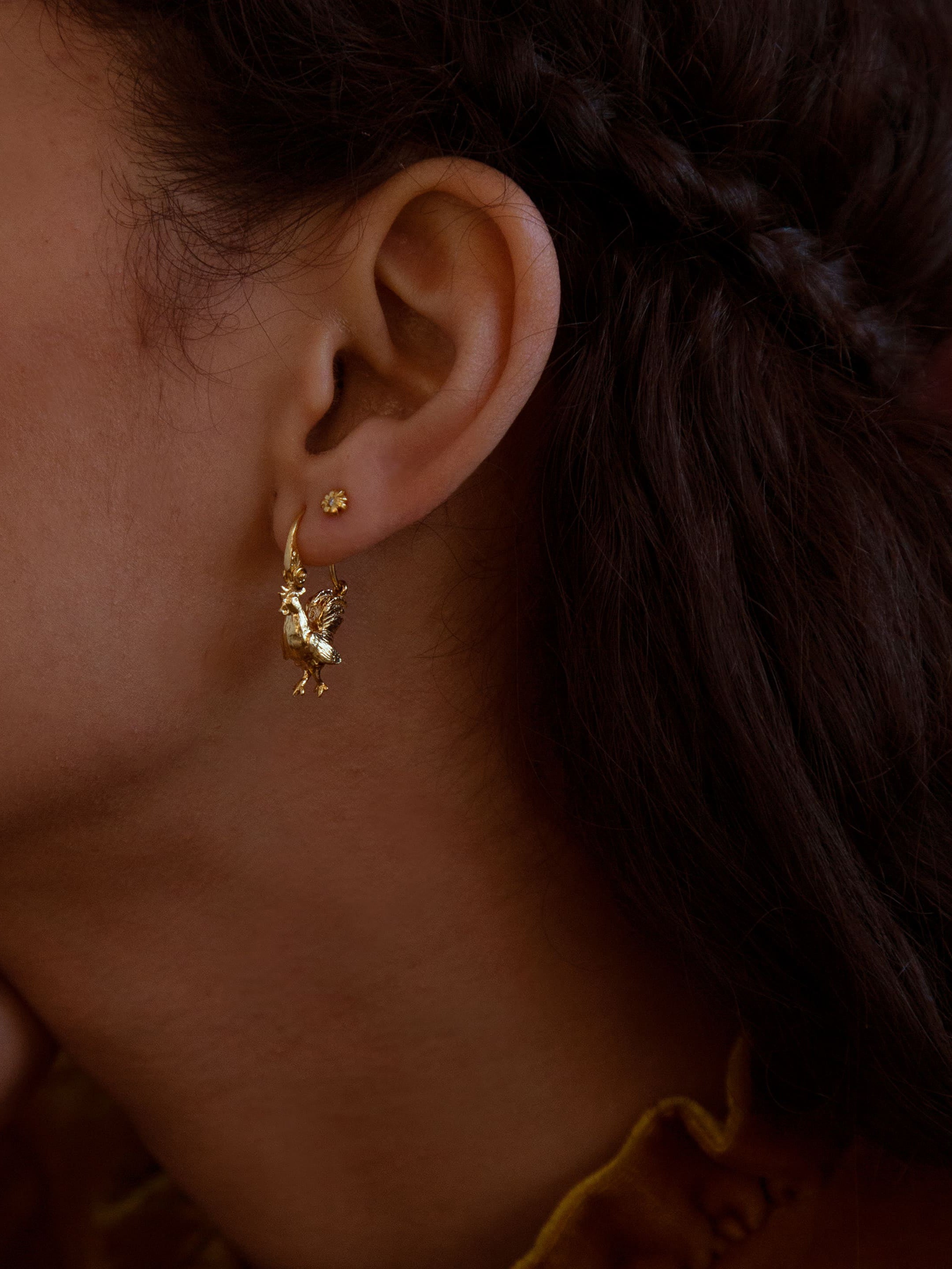 Small Rooster Ornate Creole Earrings - image 2