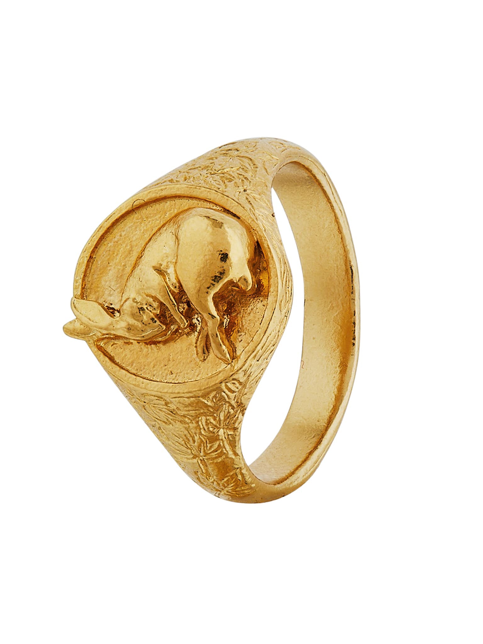 Ornately Engraved Signet Ring with Sleeping Hare - image 1 | gold plate