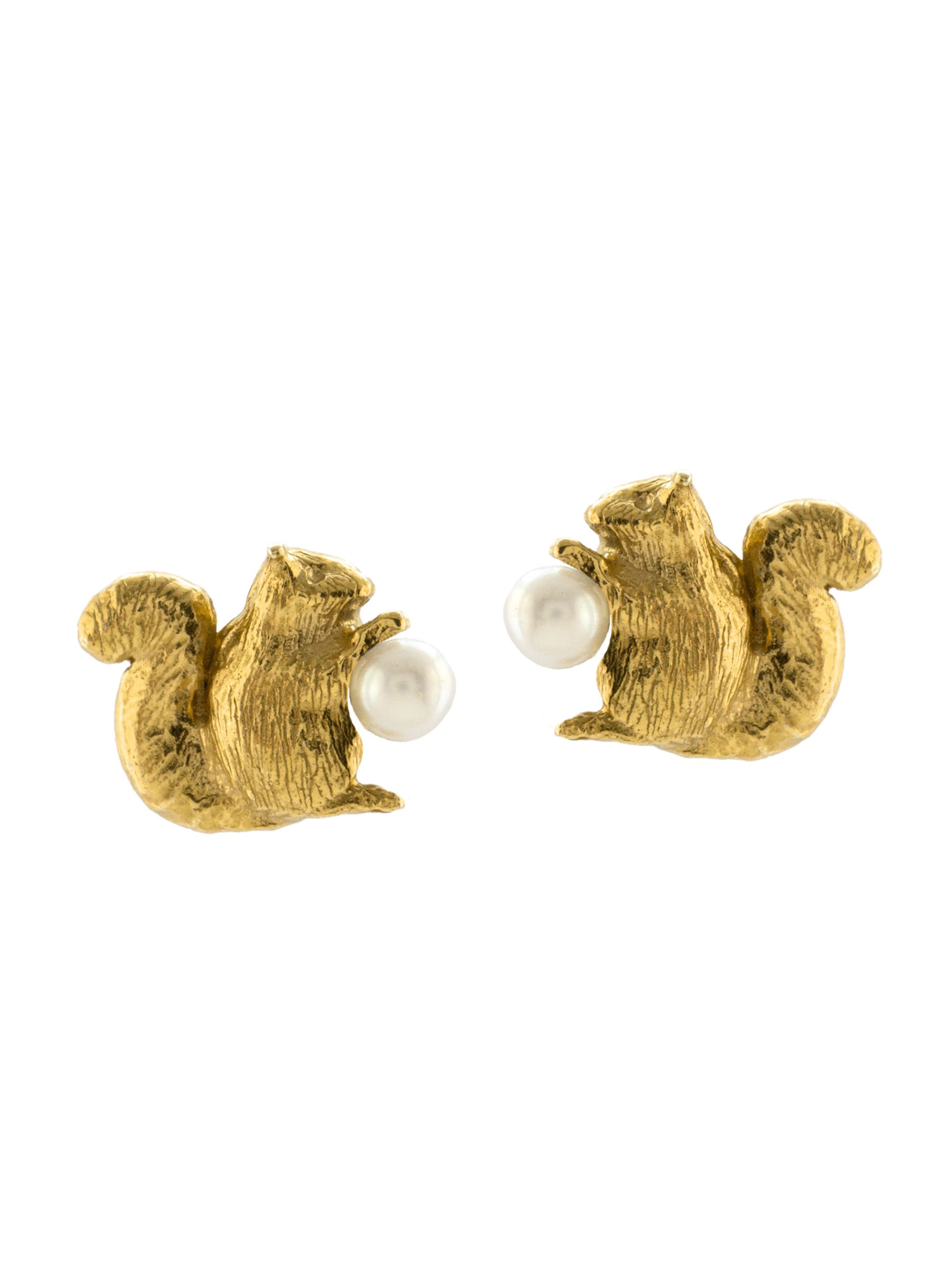 Squirrel & Pearl Stud Earrings - image 1 | gold plate
