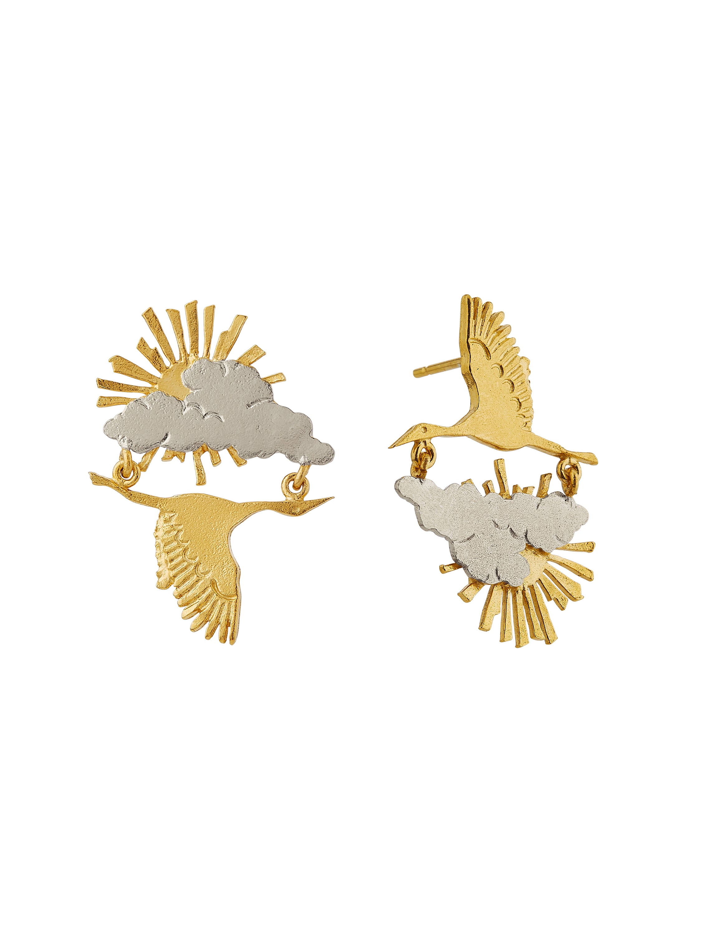 Sunrise / Sunset Stork in Flight Earrings - image 5 | silver & gold plate