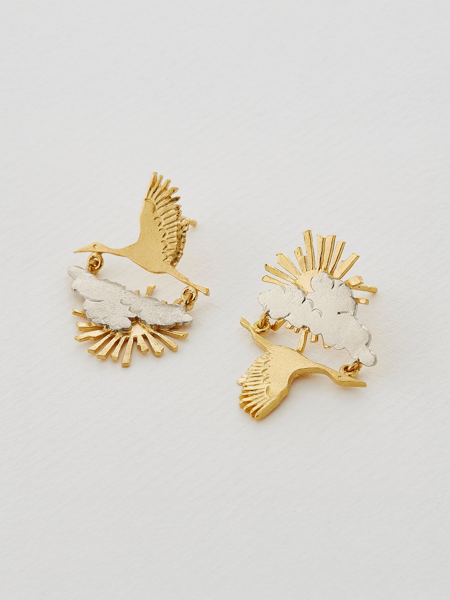 Sunrise / Sunset Stork in Flight Earrings - image 4 | silver & gold plate