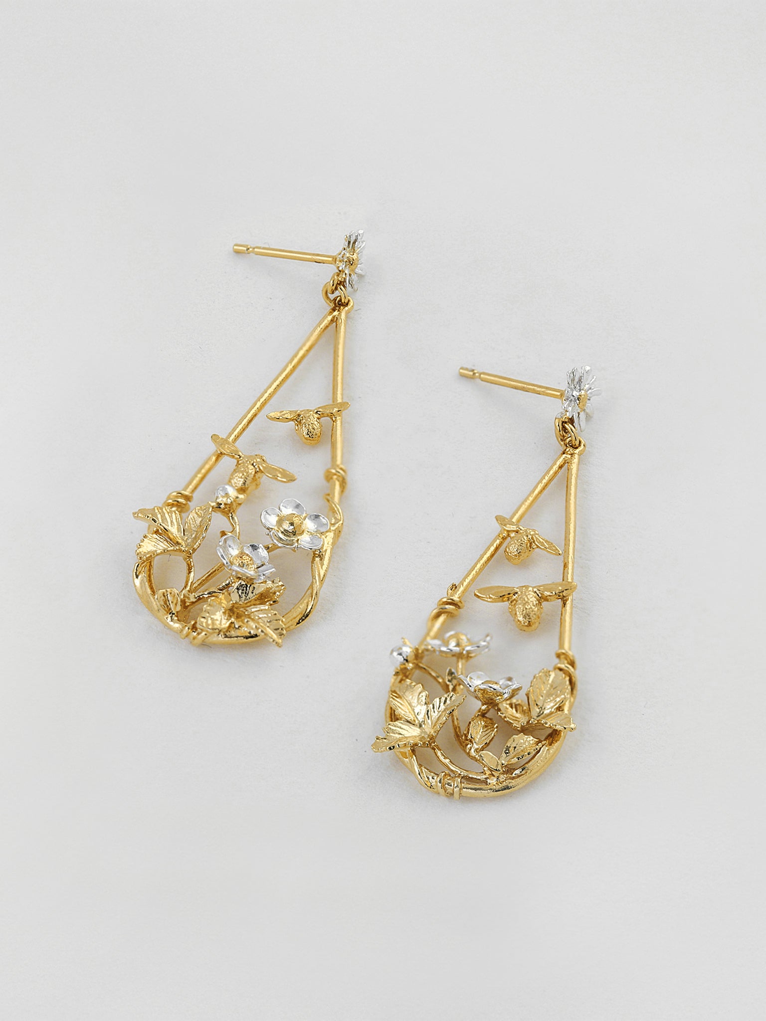 Strawberry Patch Teardrop Earrings with Buzzing Bees - image 4 | silver & gold plate