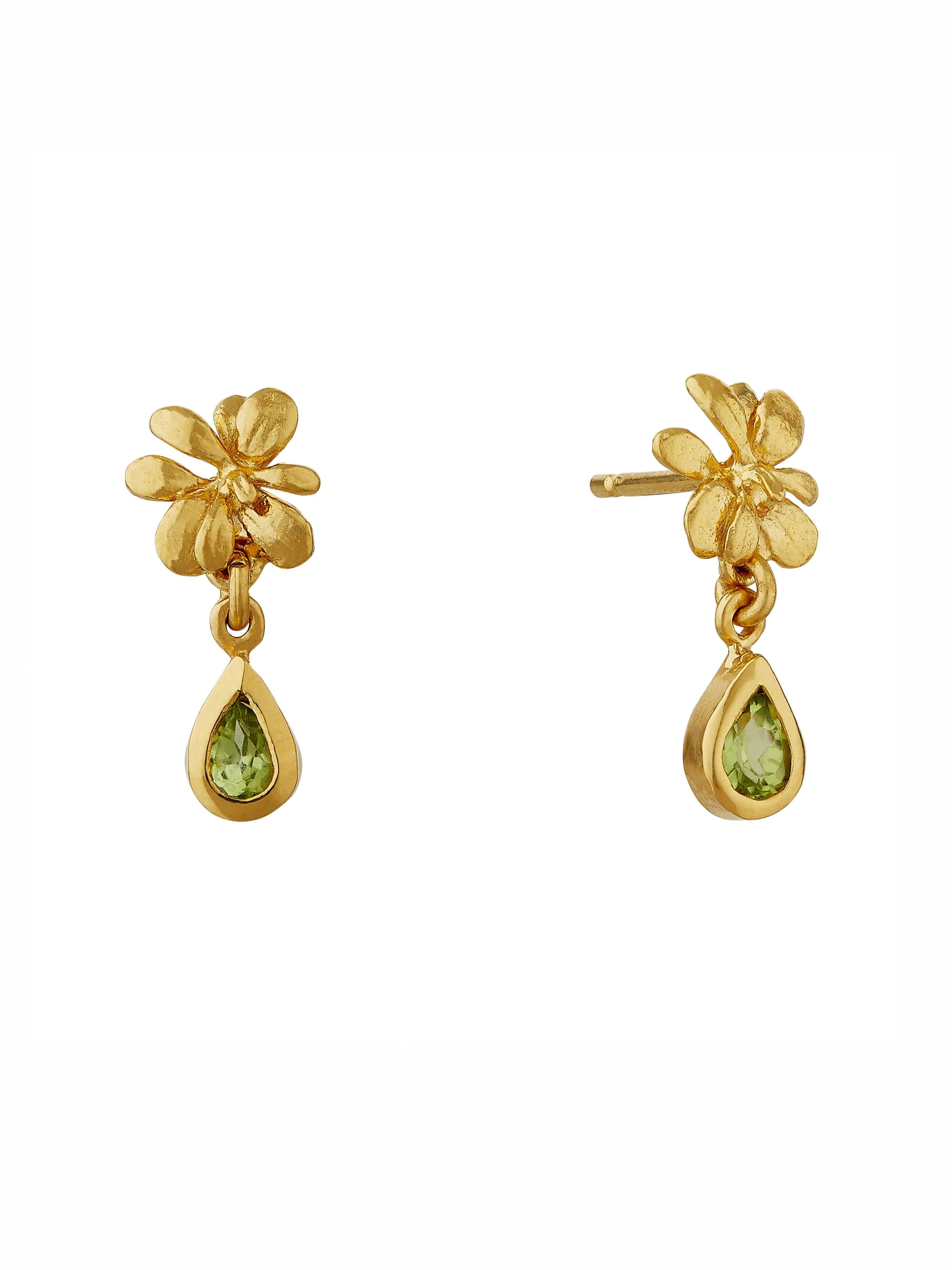 Small Rosette Peridot Hanging Teardrop Earrings - image 1 | gold plate