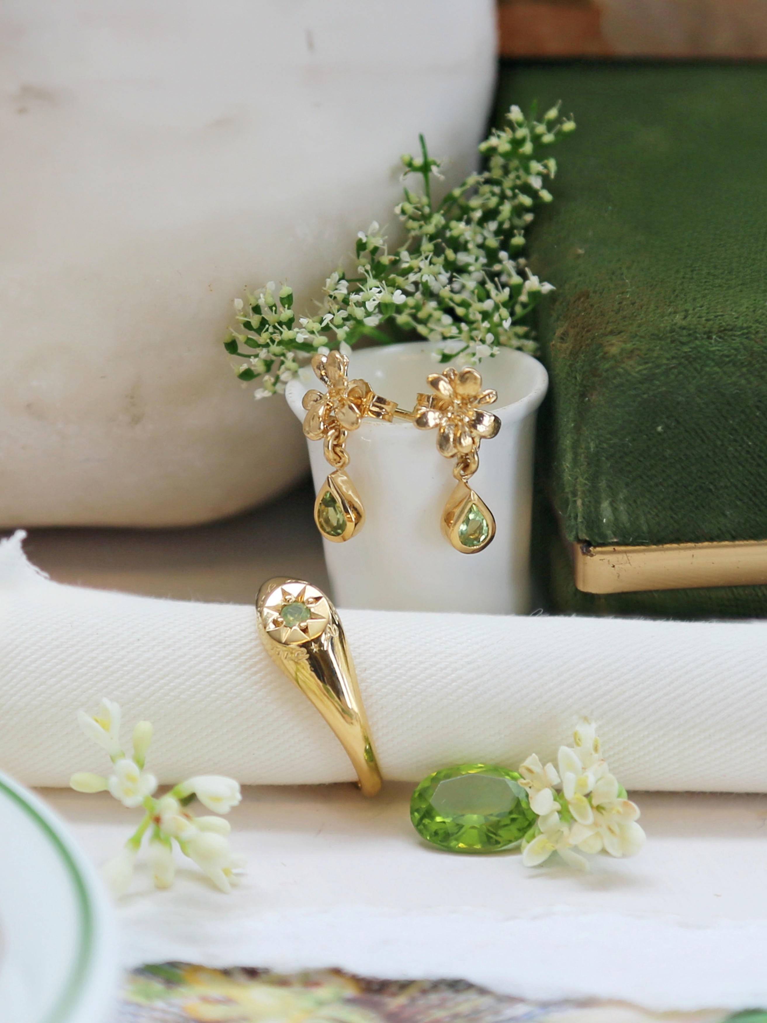Small Rosette Peridot Hanging Teardrop Earrings - image 3