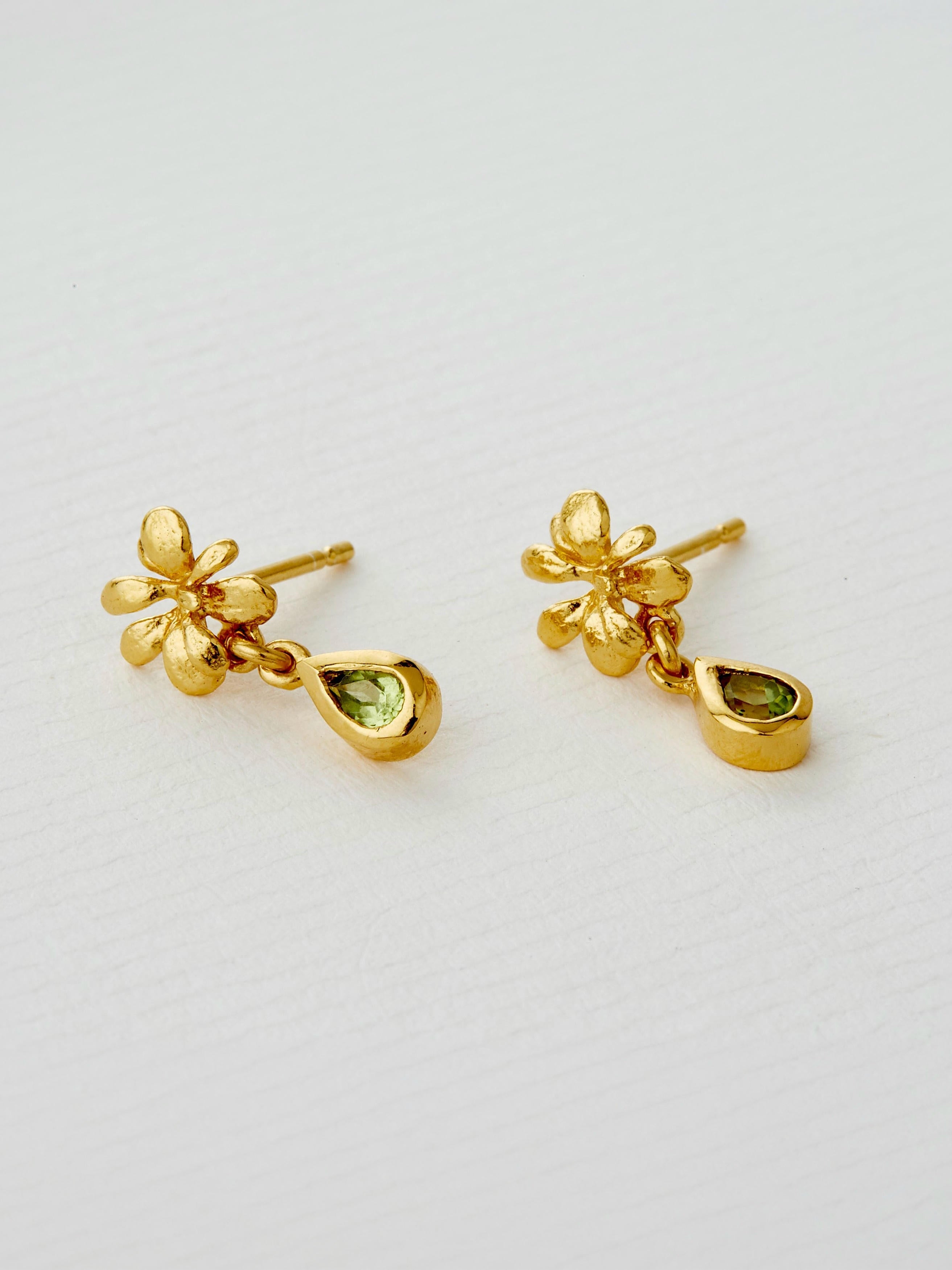 Small Rosette Peridot Hanging Teardrop Earrings - image 4 | gold plate