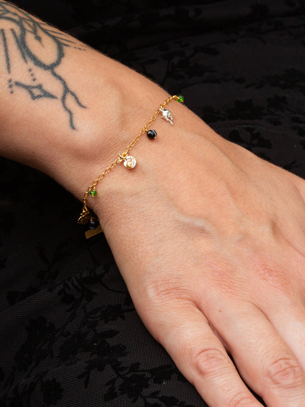 'Apple Bobbing' Charm Bracelet with Onyx & Chrome Diopside Beads, Silver and Gold Plate