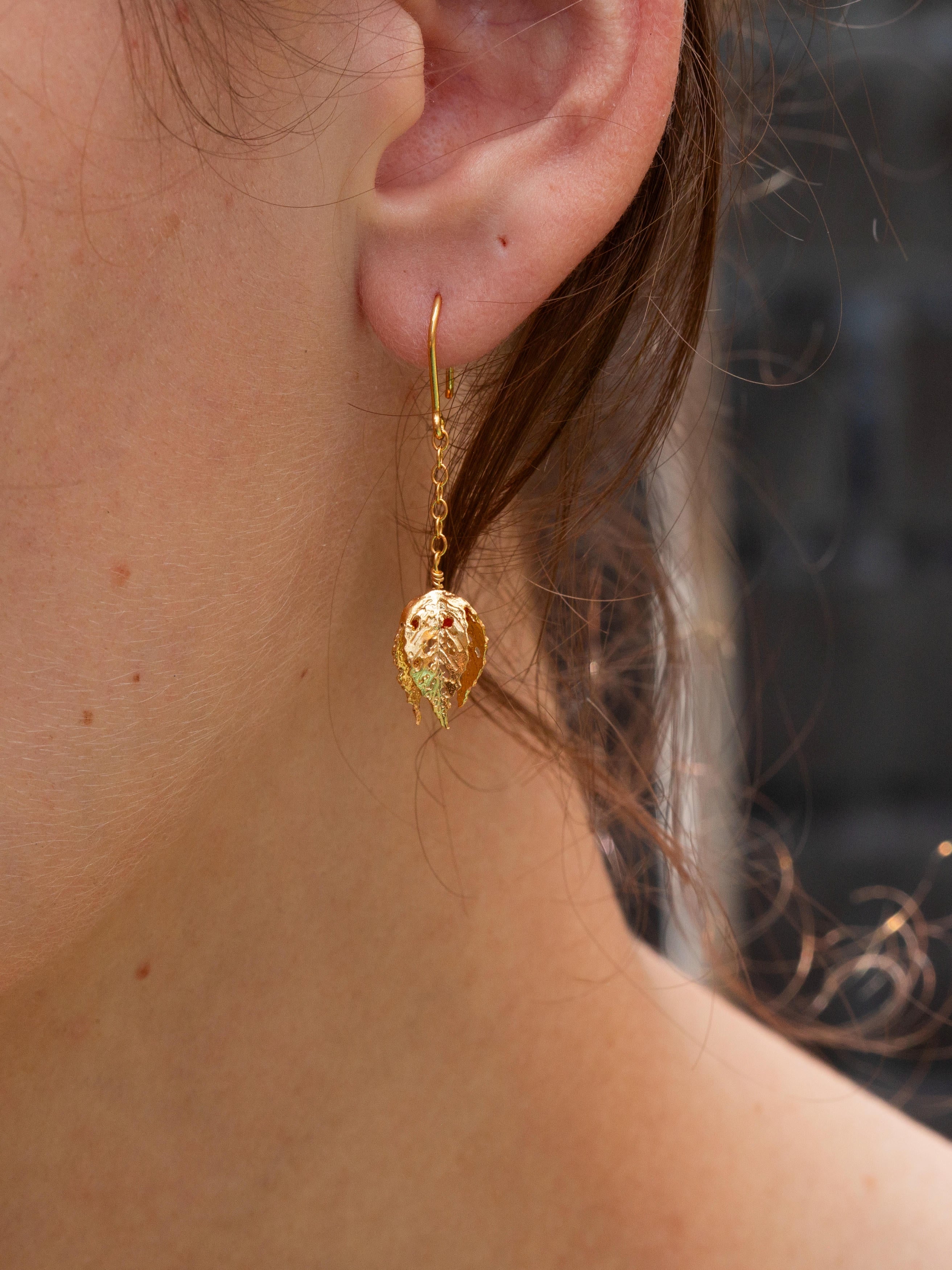 Skeleton Leaf Lantern Drop Earrings with Carnelian Beads - image2