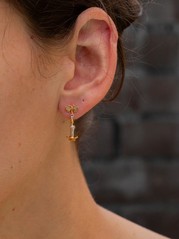 'Moth to a Flame' Stud Drop Earrings, Silver with Gold Plate details