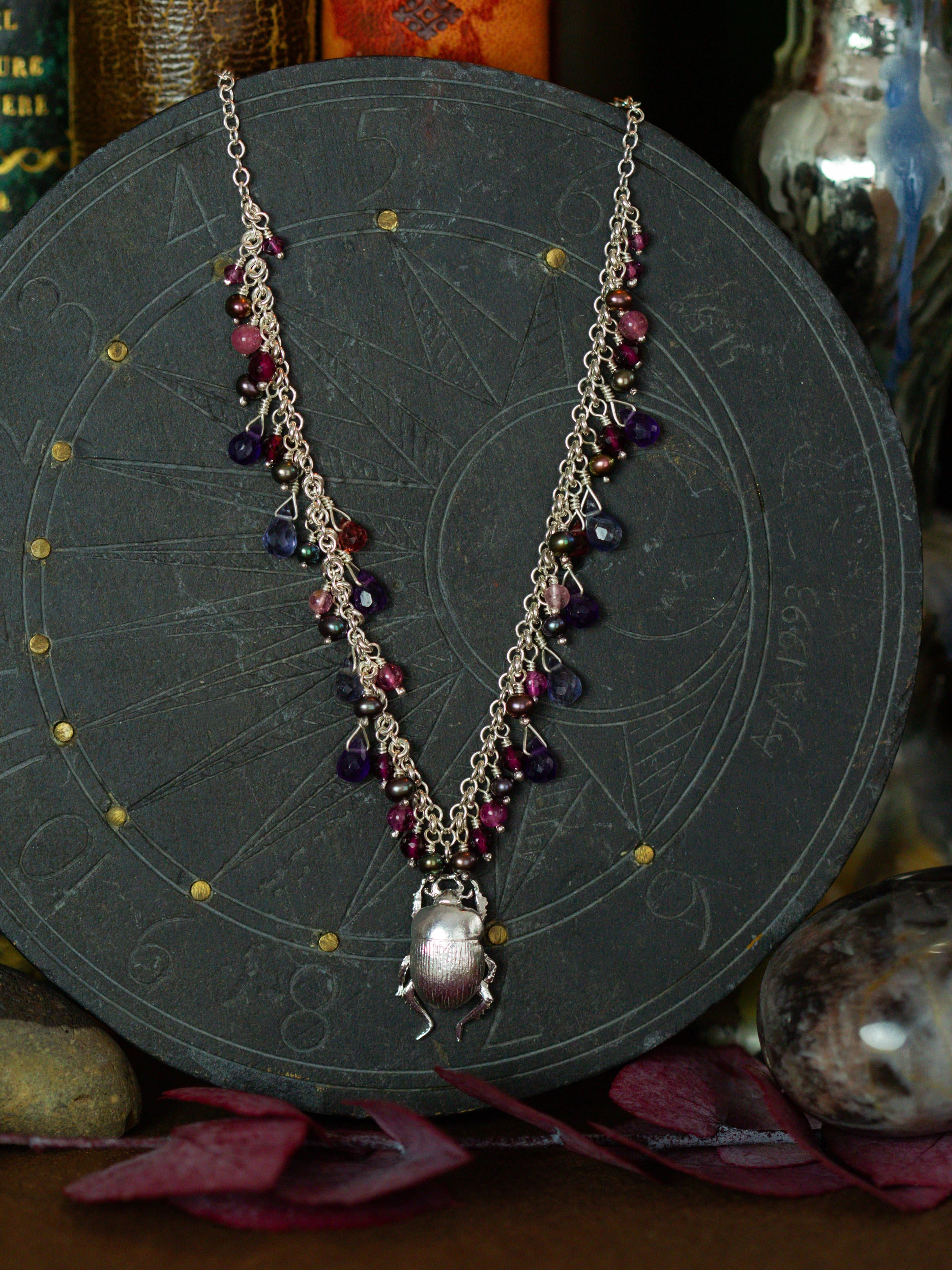 Decadent Beetle Statement Necklace with Iolite, Amethyst, Pink Tourmaline, Garnet and Peacock Pearl Beads & Briolettes - image 1