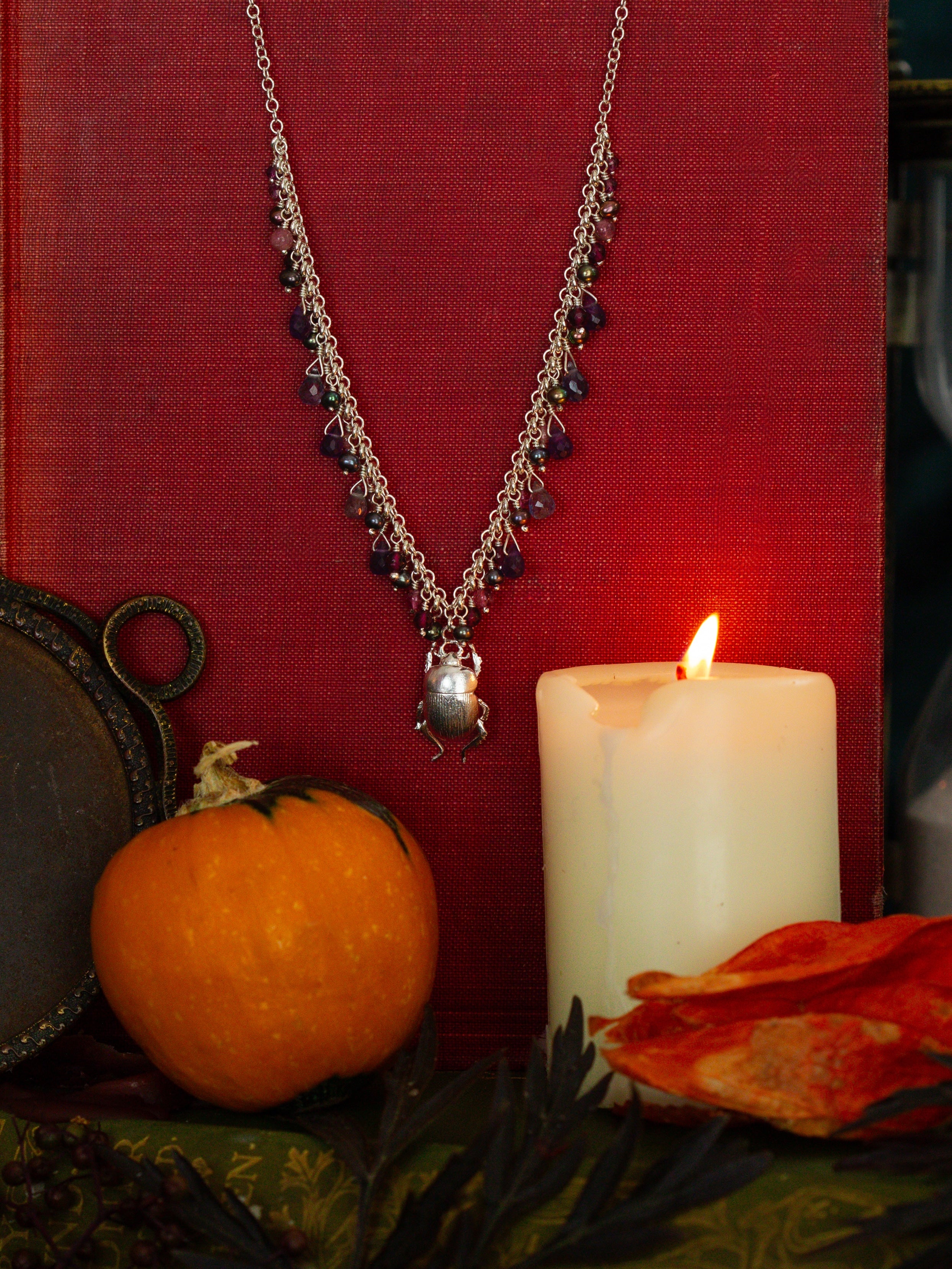Decadent Beetle Statement Necklace with Iolite, Amethyst, Pink Tourmaline, Garnet and Peacock Pearl Beads & Briolettes - image 2