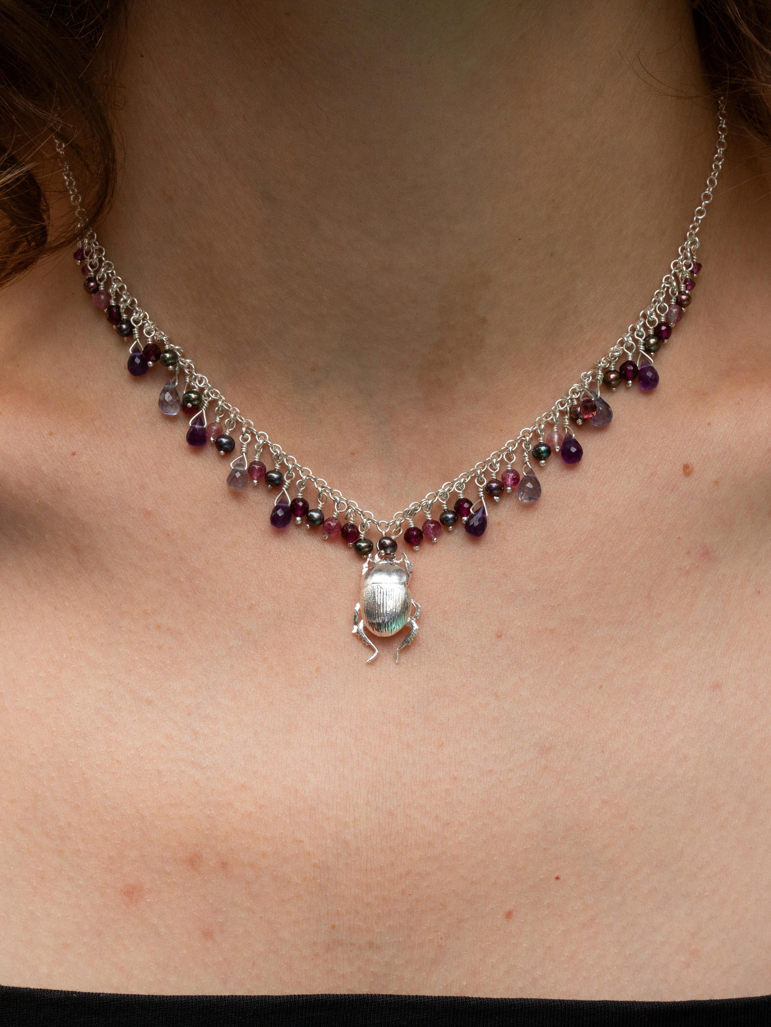 Decadent Beetle Statement Necklace with Iolite, Amethyst, Pink Tourmaline, Garnet and Peacock Pearl Beads & Briolettes - image 3