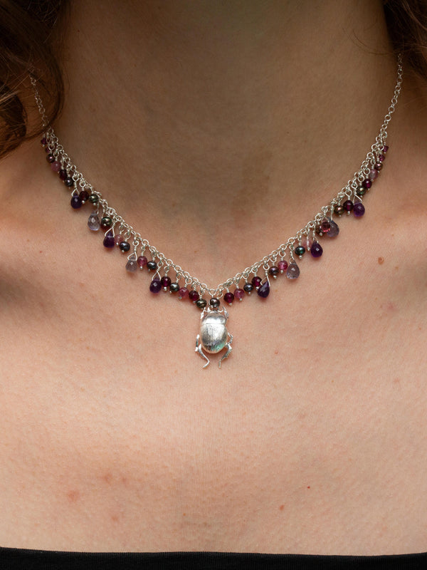 Decadent Beetle Statement Necklace with Iolite, Amethyst, Pink Tourmaline, Garnet and Peacock Pearl Beads & Briolettes