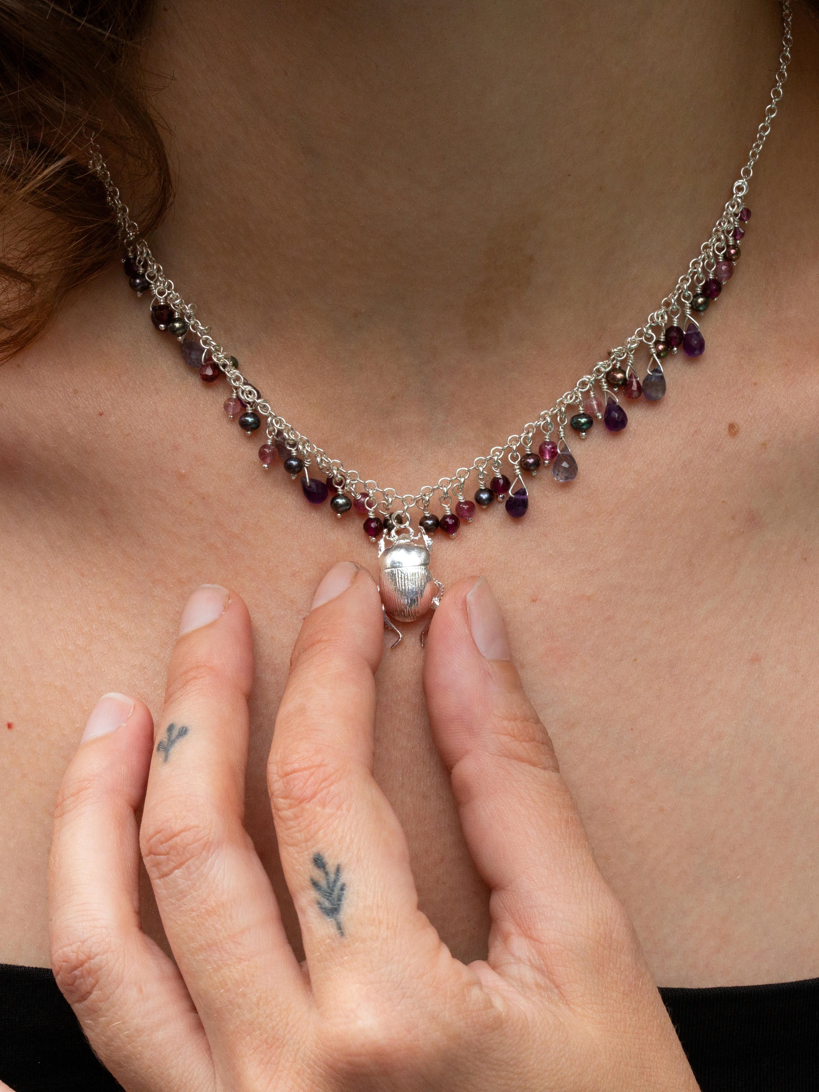 Decadent Beetle Statement Necklace with Iolite, Amethyst, Pink Tourmaline, Garnet and Peacock Pearl Beads & Briolettes - image 4