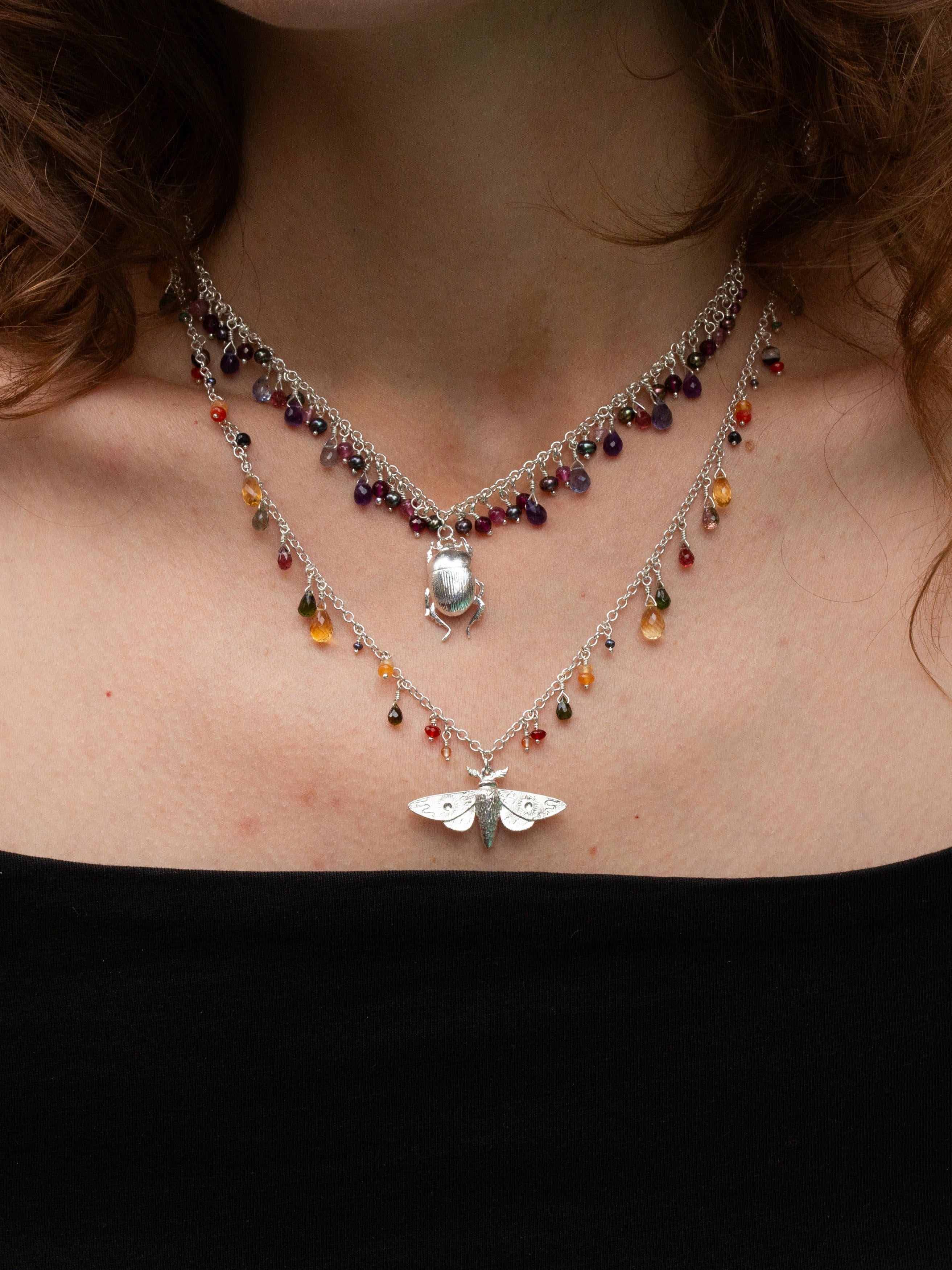 Decadent Beetle Statement Necklace with Iolite, Amethyst, Pink Tourmaline, Garnet and Peacock Pearl Beads & Briolettes - image 5