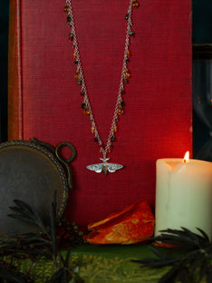 Moth Statement Necklace with Tourmaline, Carnelian, Citrine, Garnet, Onyx, Peacock Pearl, Black Spinel and Emerald Beads & Briolettes