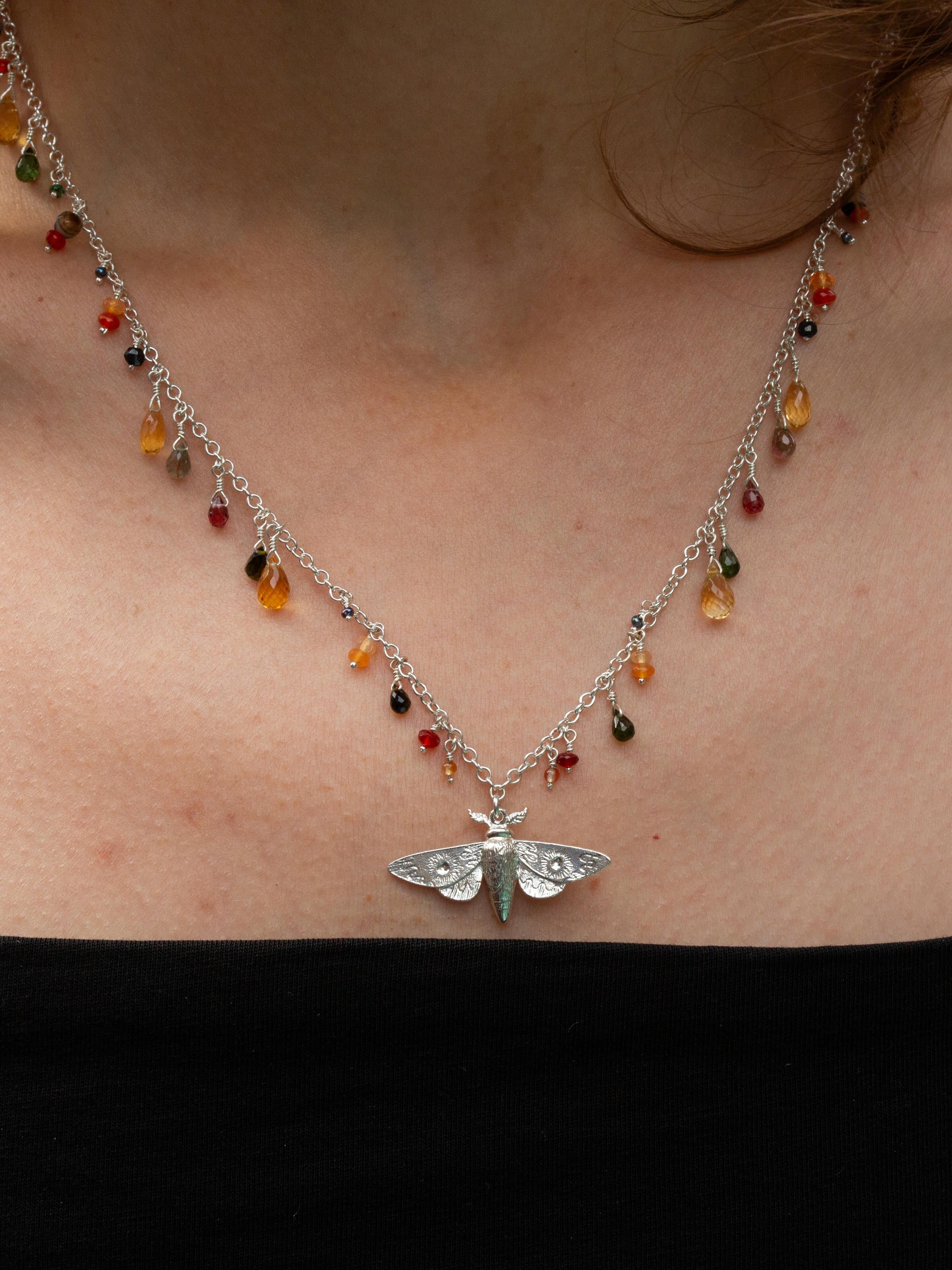 Moth Statement Necklace with Tourmaline, Carnelian, Citrine, Garnet, Onyx, Peacock Pearl, Black Spinel and Emerald Beads & Briolettes - image 2