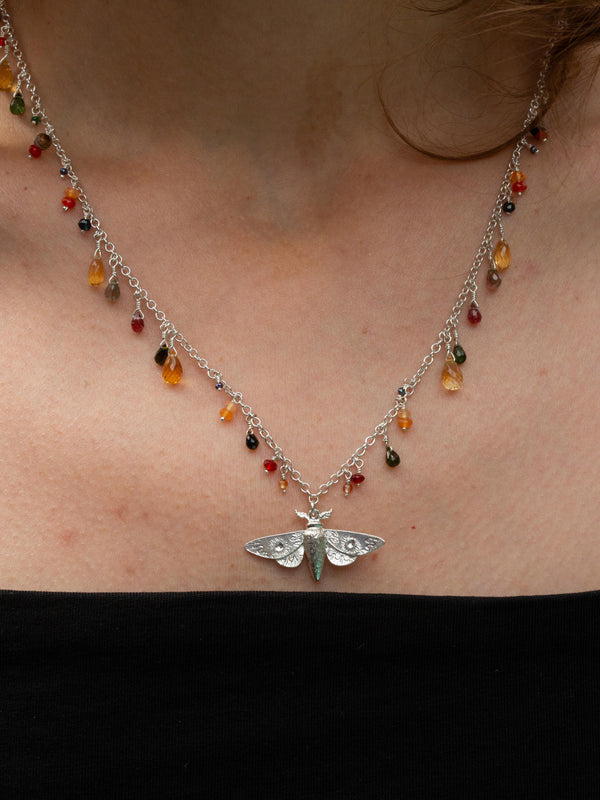 Moth Statement Necklace with Tourmaline, Carnelian, Citrine, Garnet, Onyx, Peacock Pearl, Black Spinel and Emerald Beads & Briolettes