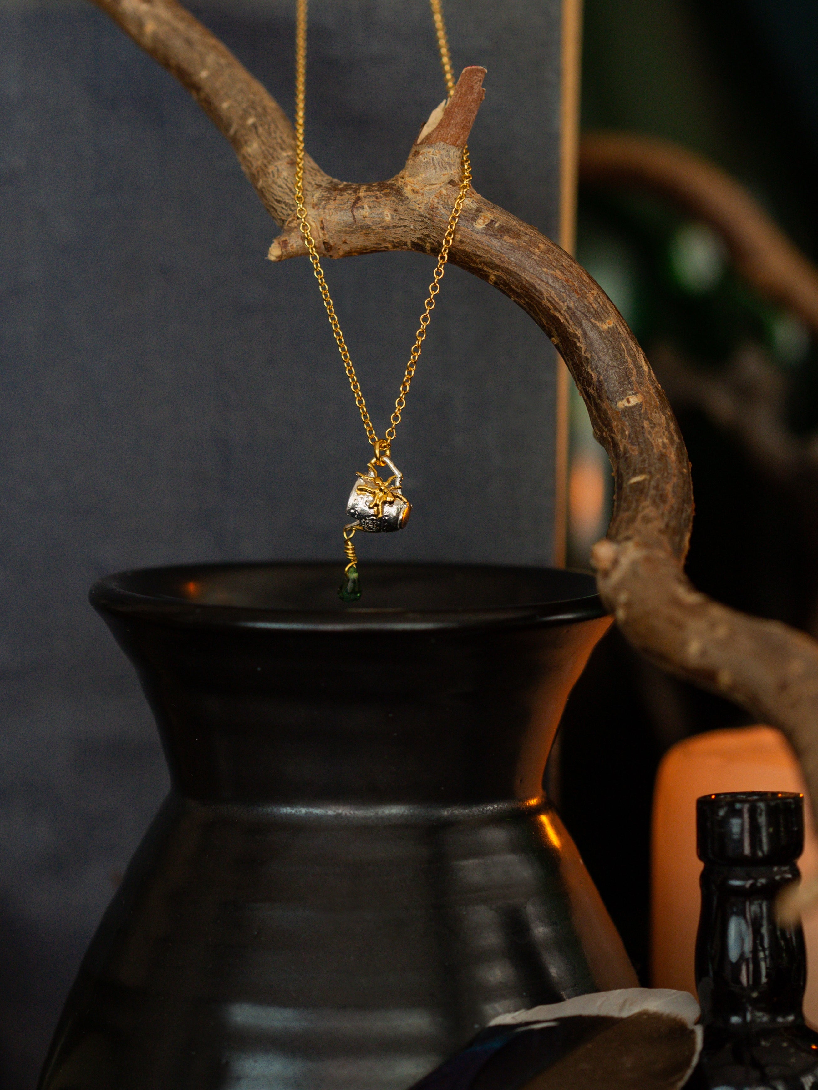 Sip of Hemlock' Cup Necklace with Tourmaline Briolette, Silver with Gold Plate details - image 1