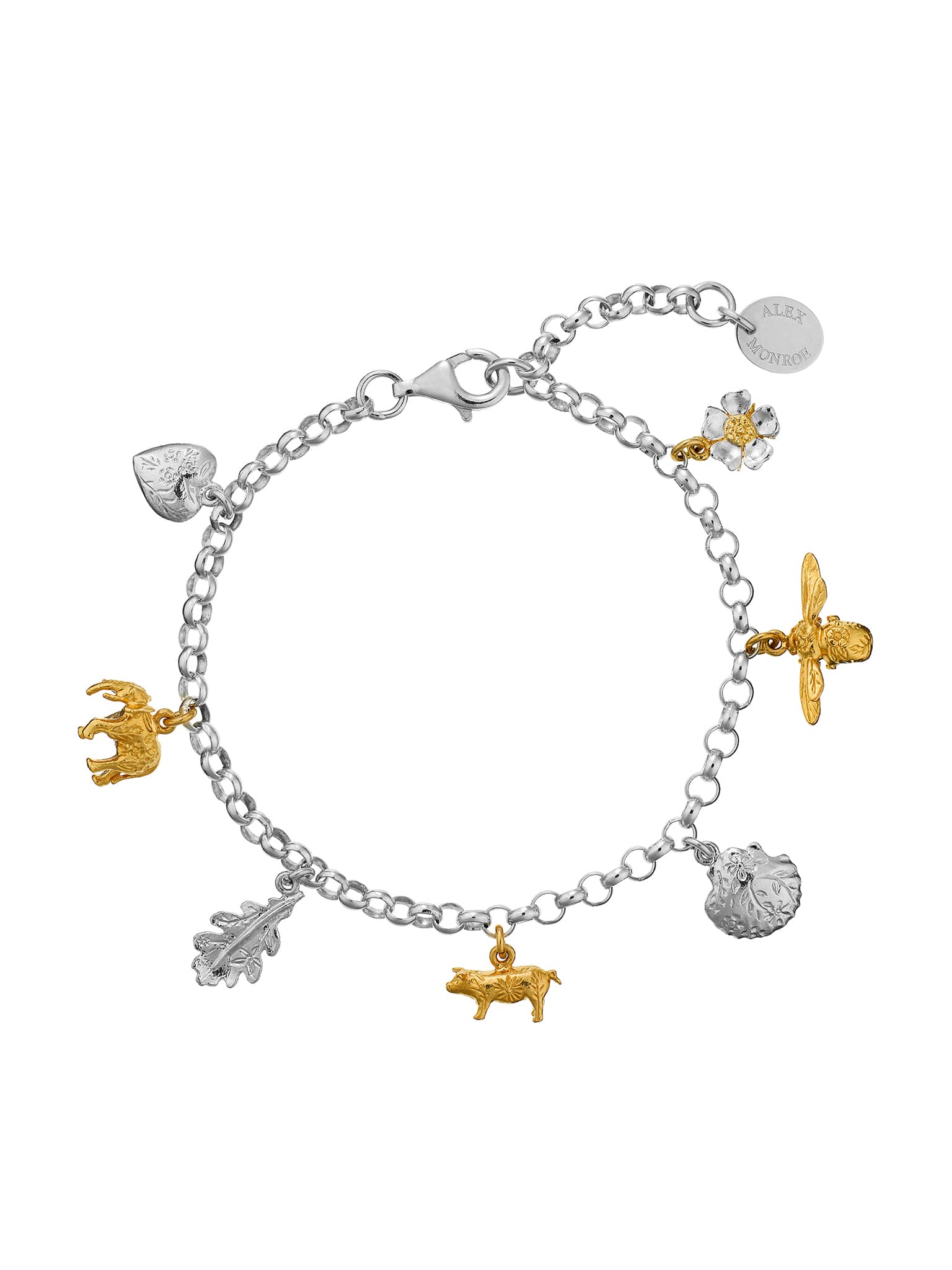 Menagerie Charm Bracelet with Floral Engraved Charms - image 1 | silver & gold plate