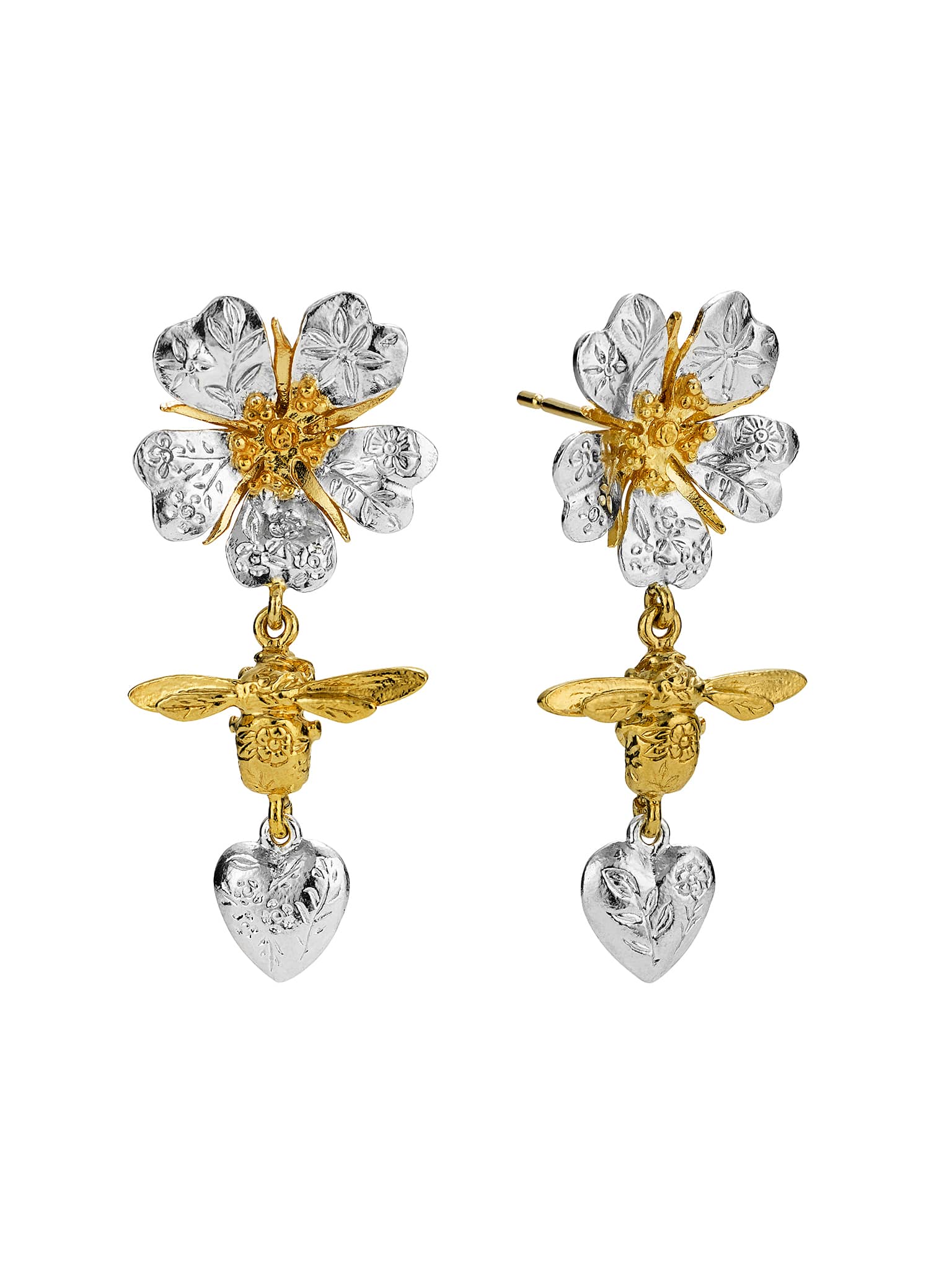 Floral Engraved Wild Rose, Bee & Heart Drop Earrings - image 1 | silver & gold plate