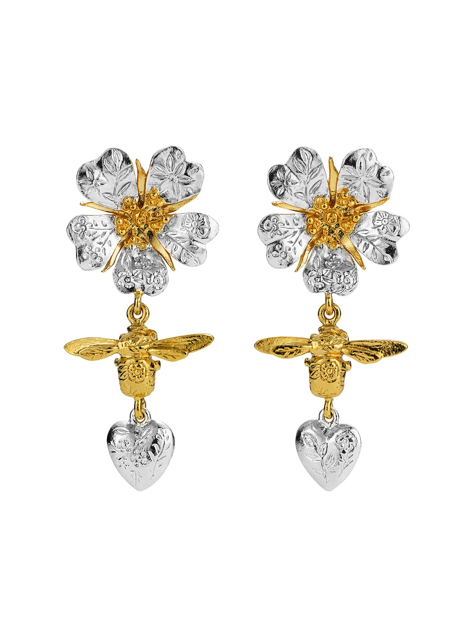 Floral Engraved Wild Rose, Bee & Heart Drop Earrings - image 5 | silver & gold plate