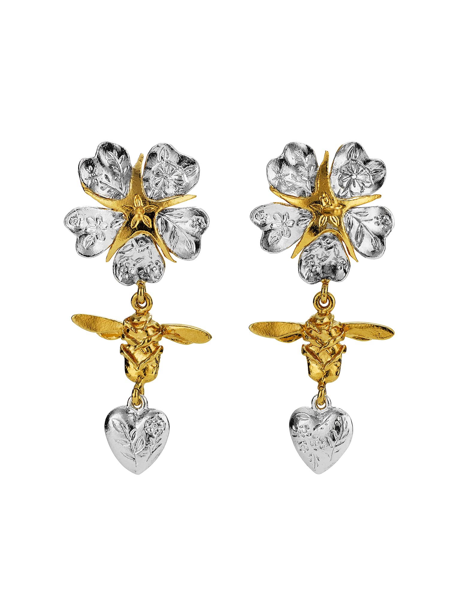 Floral Engraved Wild Rose, Bee & Heart Drop Earrings - image 6 | silver & gold plate