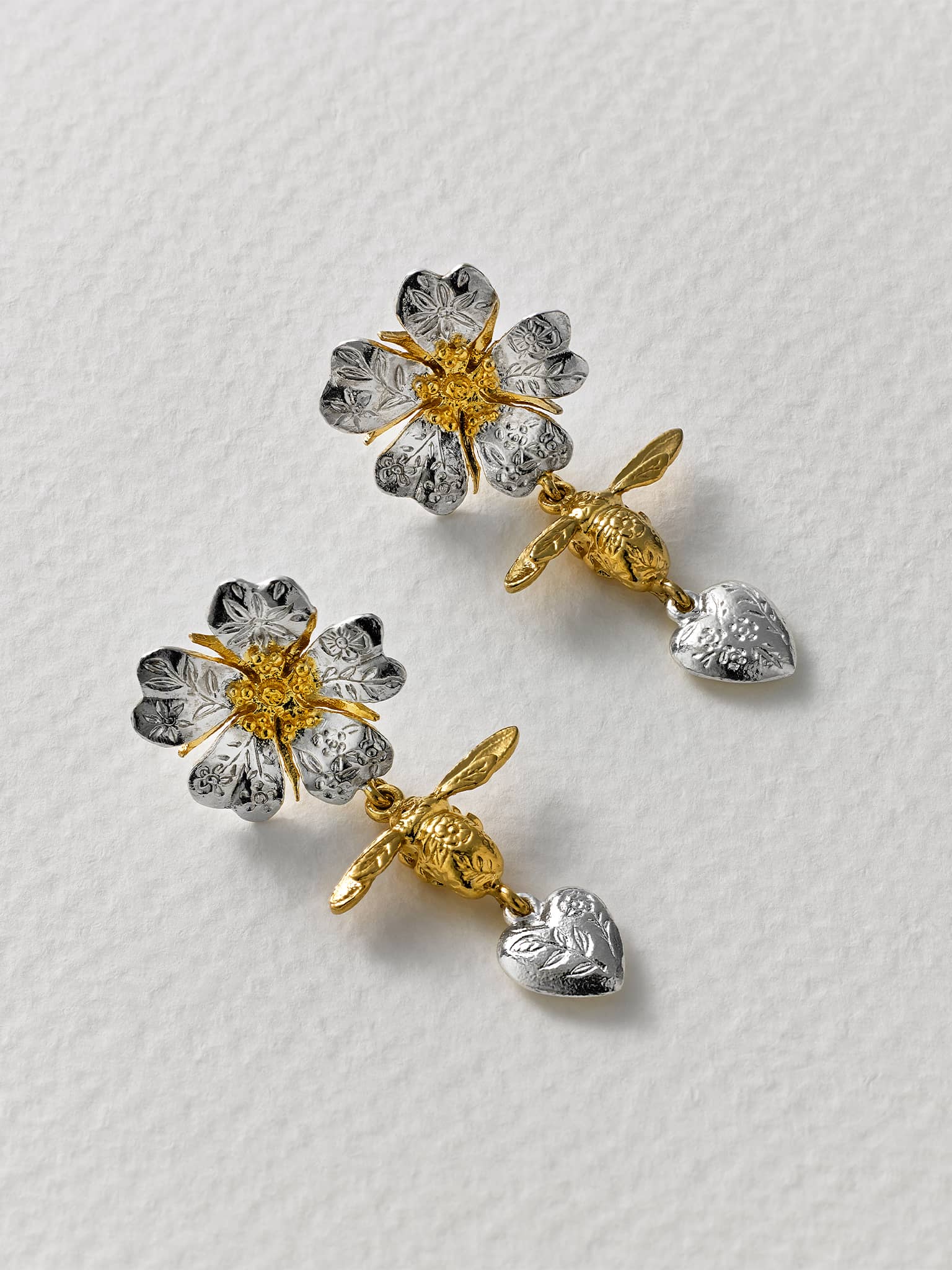 Floral Engraved Wild Rose, Bee & Heart Drop Earrings - image 4 | silver & gold plate