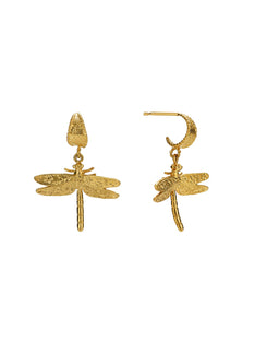 Basket Weave Huggie Hoop Earrings with Floral Engraved Dragonfly Drops