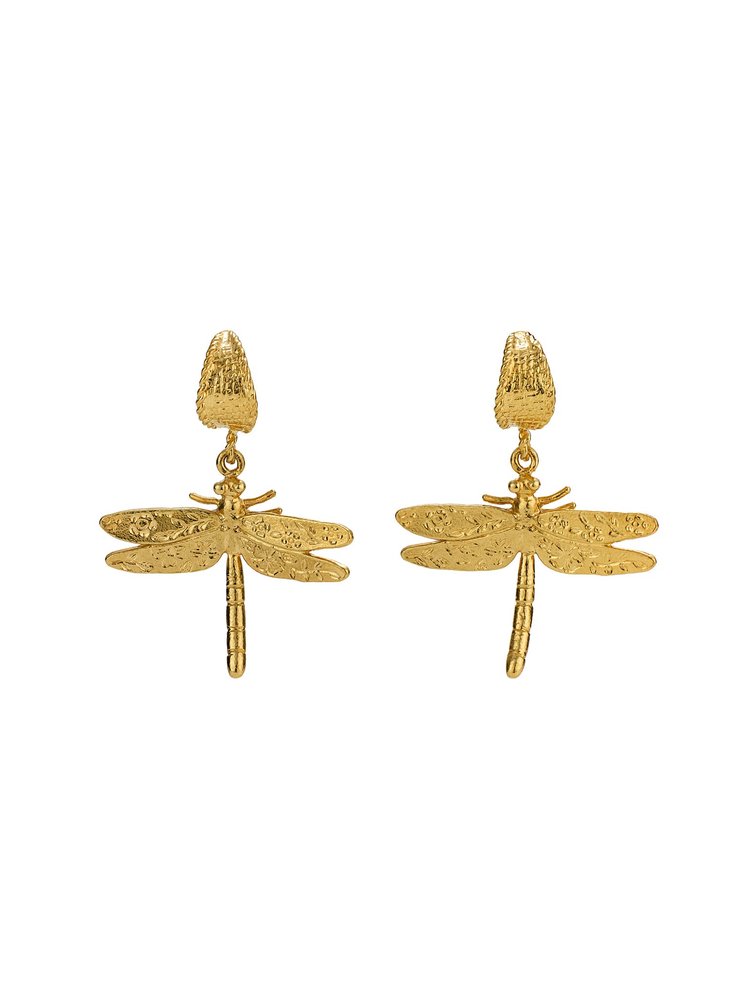 Basket Weave Huggie Hoop Earrings with Floral Engraved Dragonfly Drops - image 5 | gold plate
