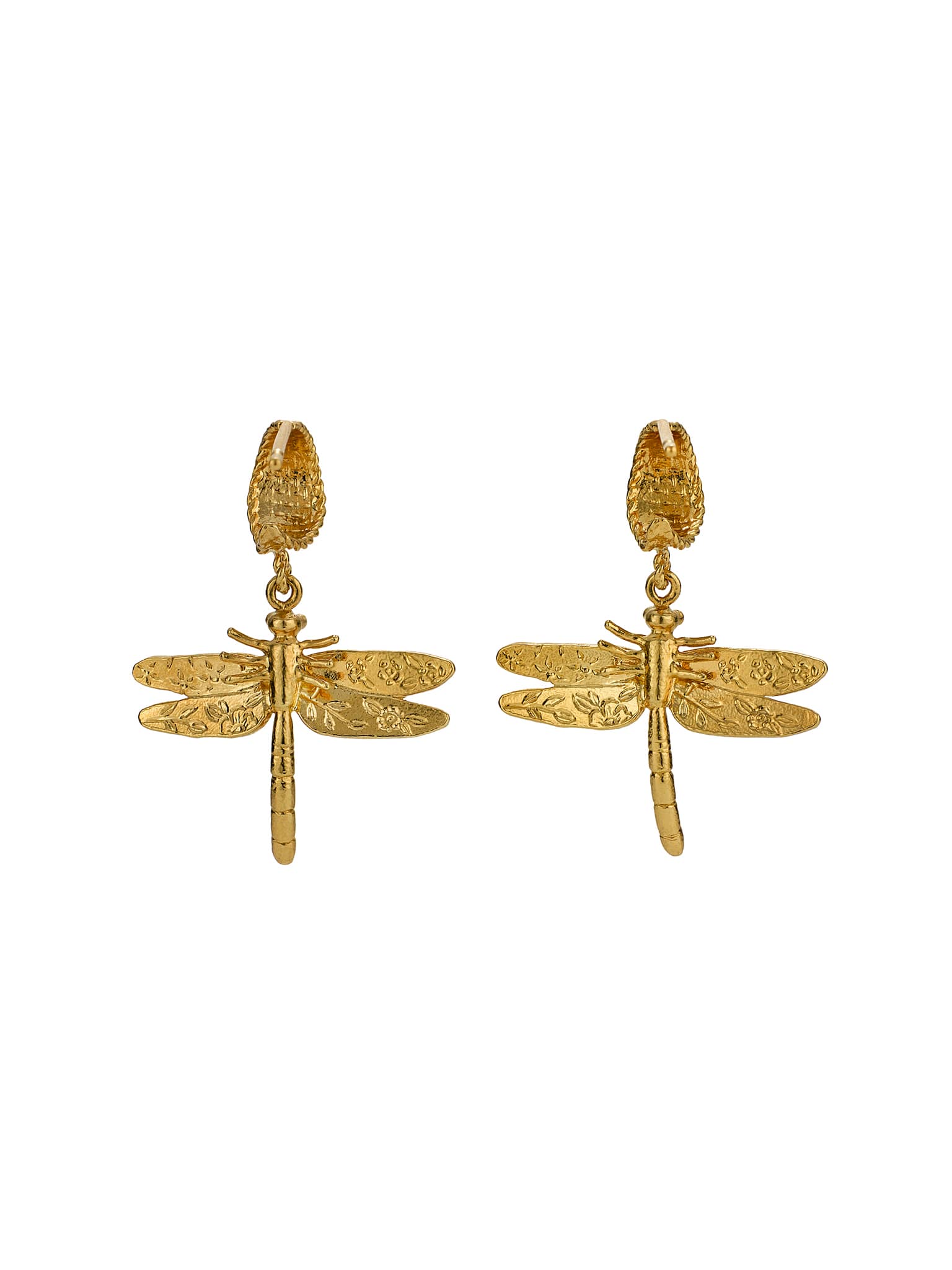 Basket Weave Huggie Hoop Earrings with Floral Engraved Dragonfly Drops - image 6 | gold plate