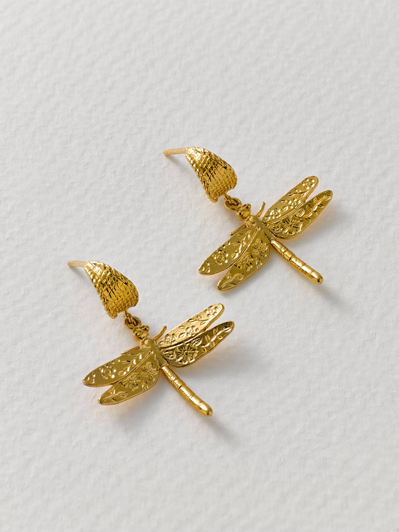 Basket Weave Huggie Hoop Earrings with Floral Engraved Dragonfly Drops - image 4 | gold plate