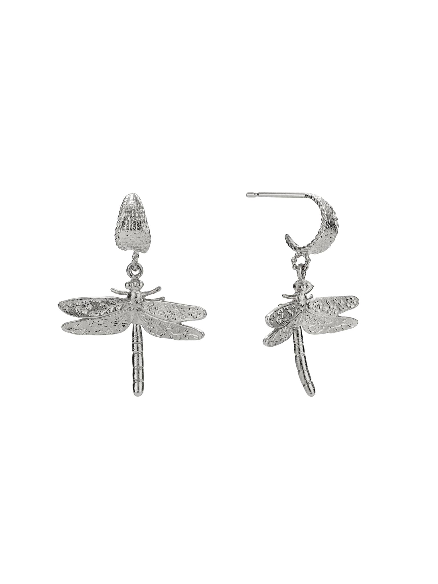 Basket Weave Huggie Hoop Earrings with Floral Engraved Dragonfly Drops - image 7 | silver