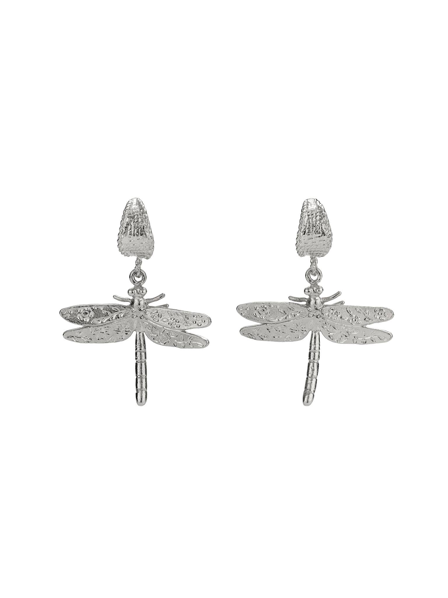 Basket Weave Huggie Hoop Earrings with Floral Engraved Dragonfly Drops - image 10 | silver