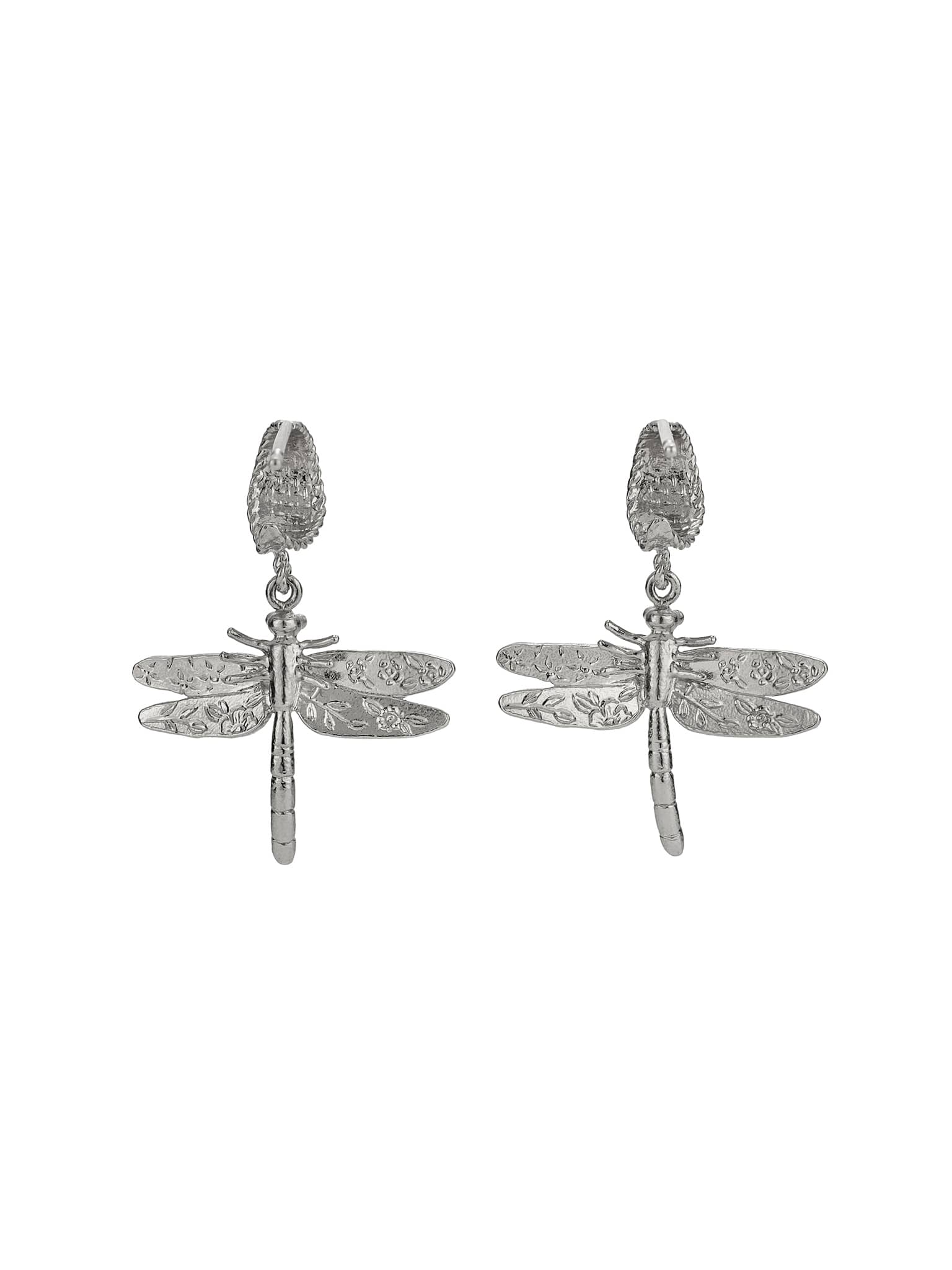 Basket Weave Huggie Hoop Earrings with Floral Engraved Dragonfly Drops - image 11 | silver