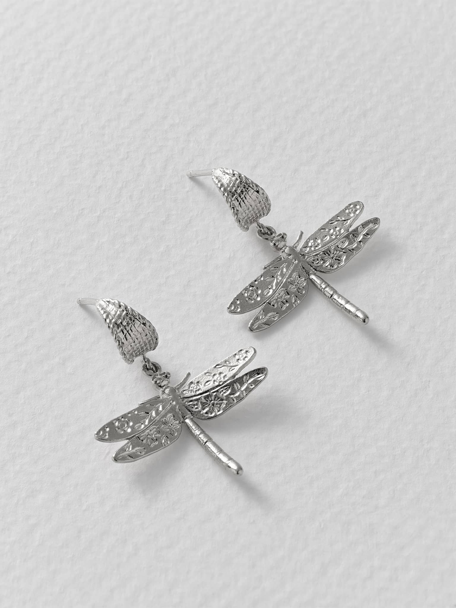 Basket Weave Huggie Hoop Earrings with Floral Engraved Dragonfly Drops - image 9 | silver