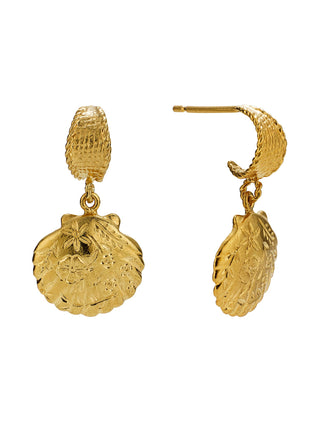 Basket Weave Huggie Hoop Earrings with Floral Engraved Scallop Shell Drops