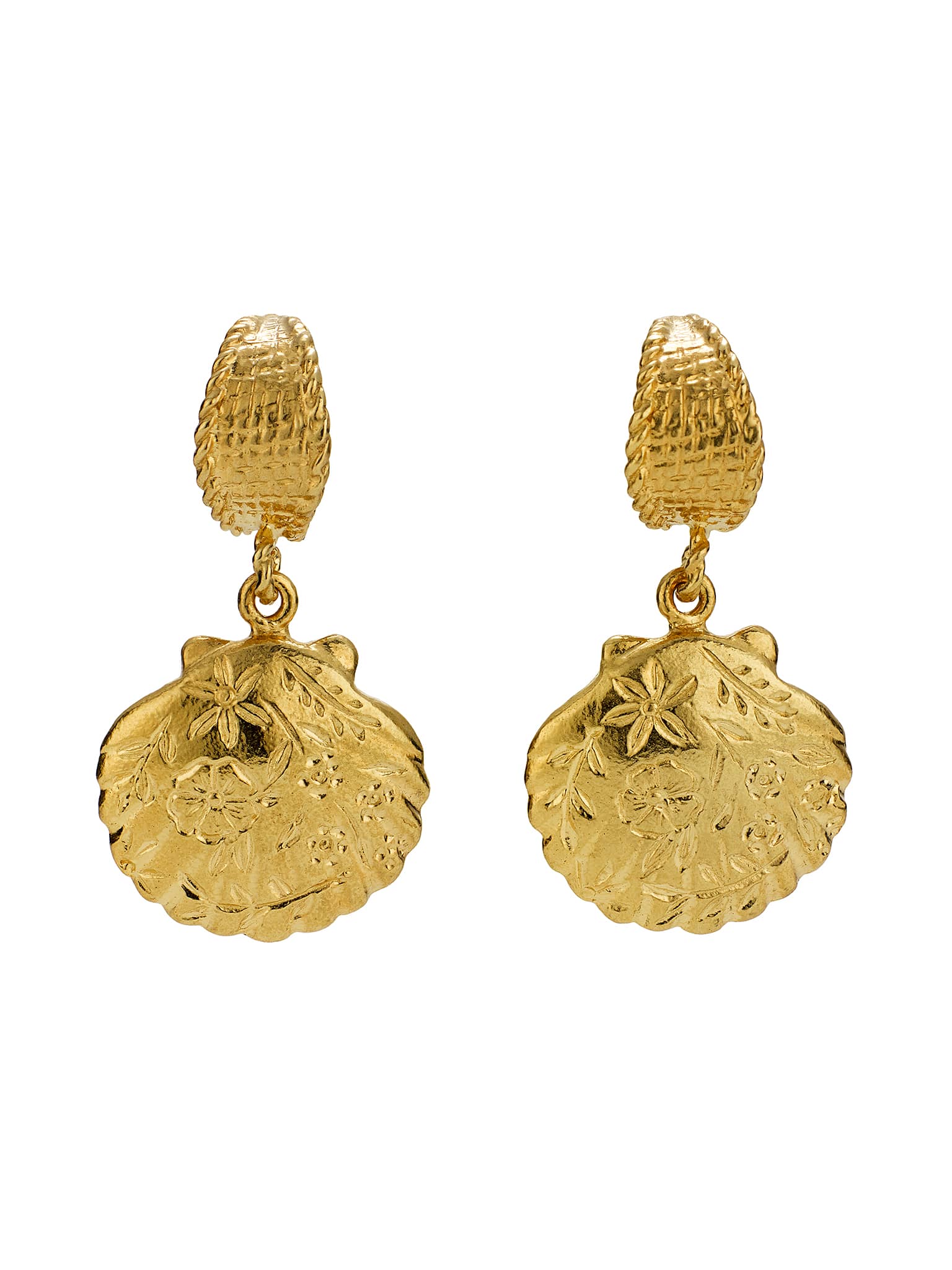 Basket Weave Huggie Hoop Earrings with Floral Engraved Scallop Shell Drops - image 4 | gold plate