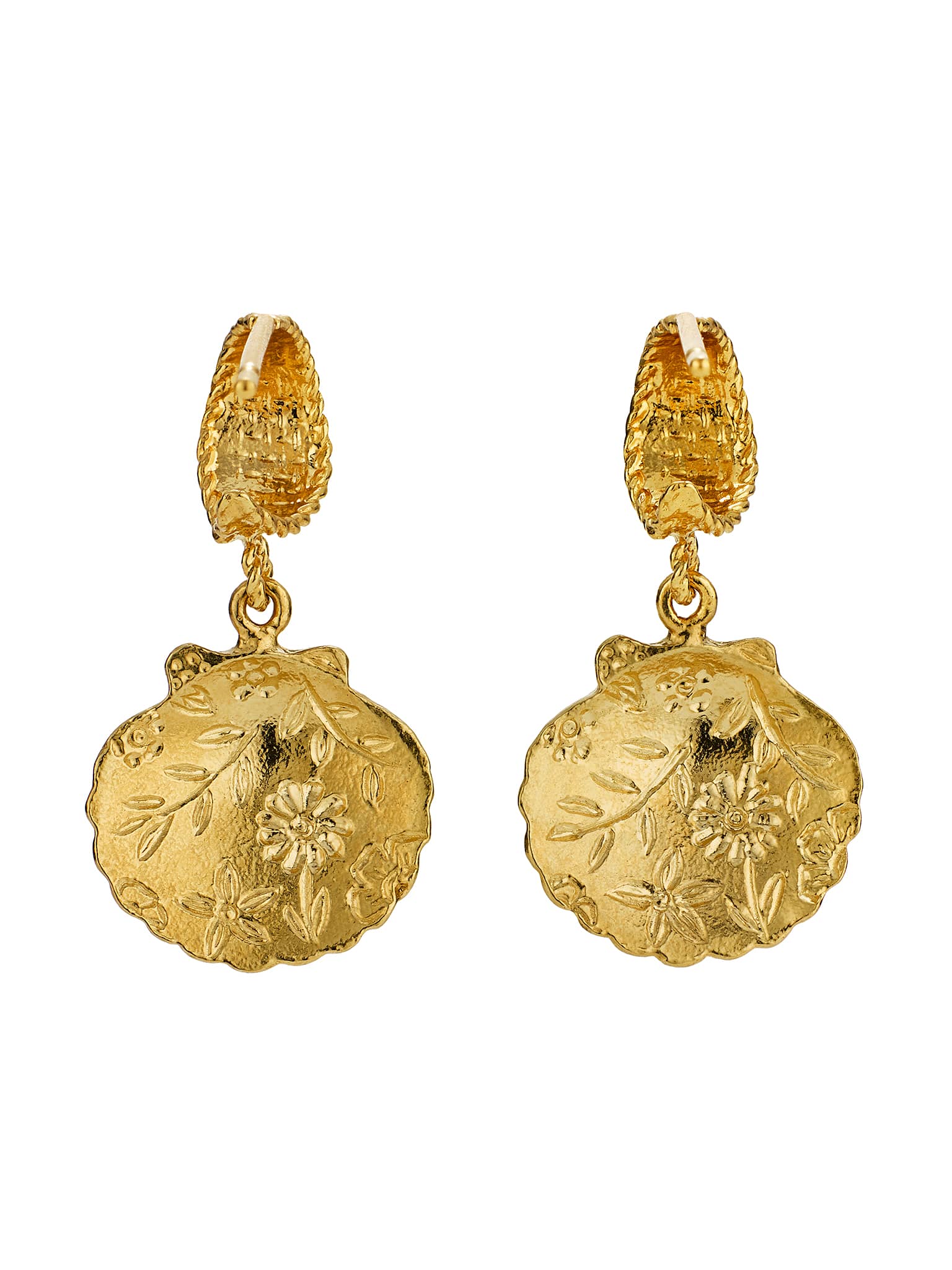 Basket Weave Huggie Hoop Earrings with Floral Engraved Scallop Shell Drops - image 5 | gold plate