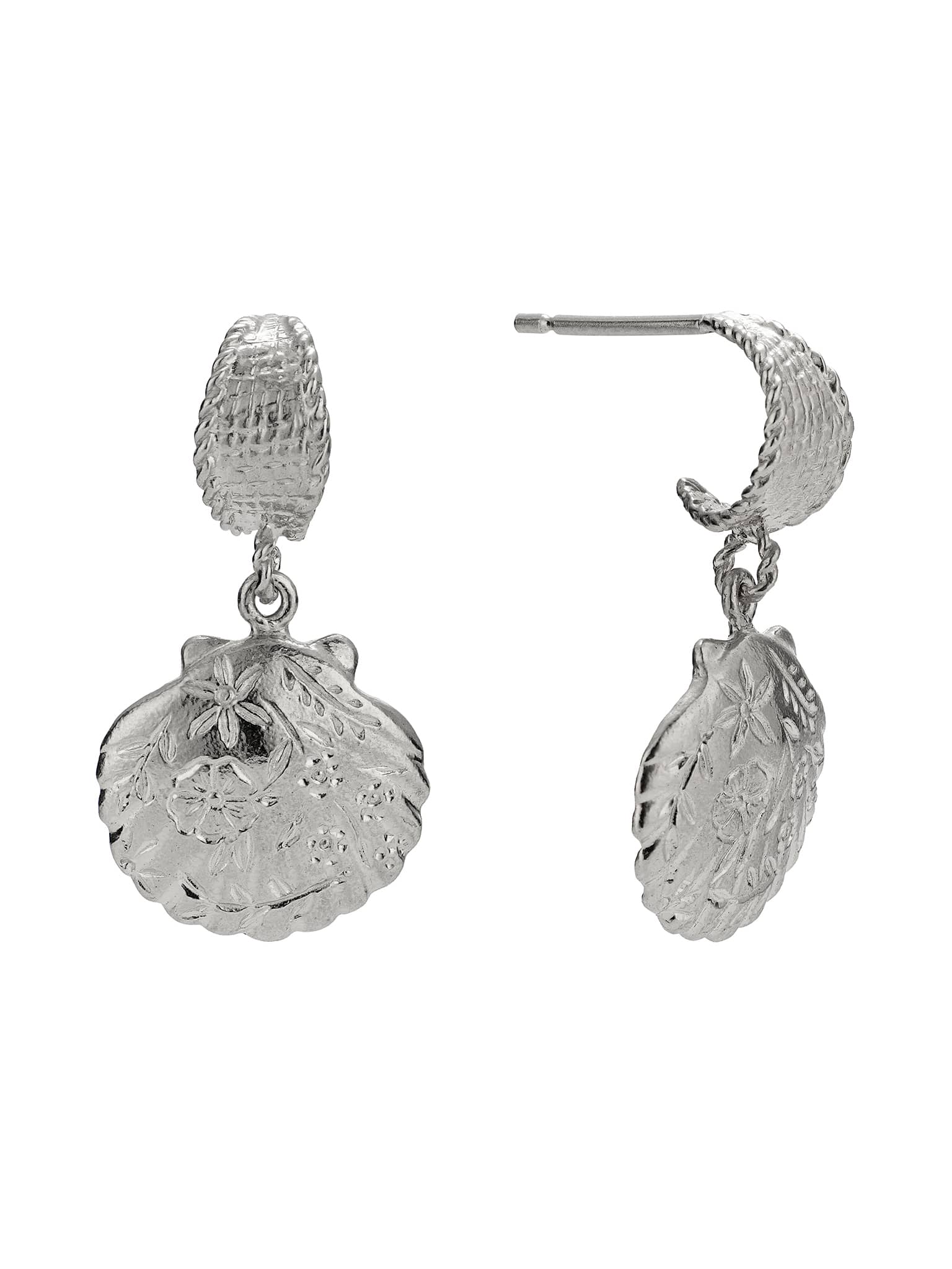 Basket Weave Huggie Hoop Earrings with Floral Engraved Scallop Shell Drops - image 6 | silver