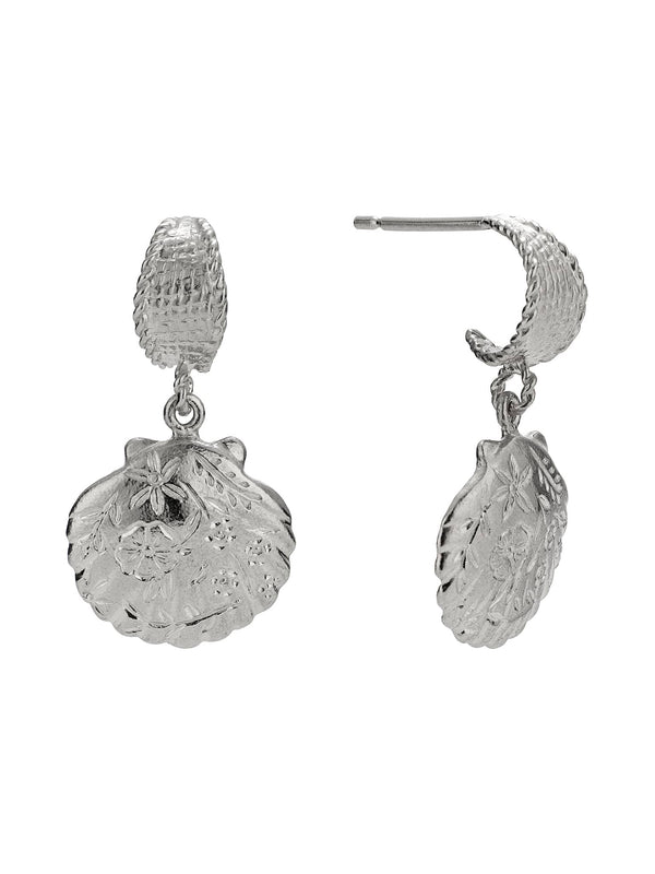 Basket Weave Huggie Hoop Earrings with Floral Engraved Scallop Shell Drops