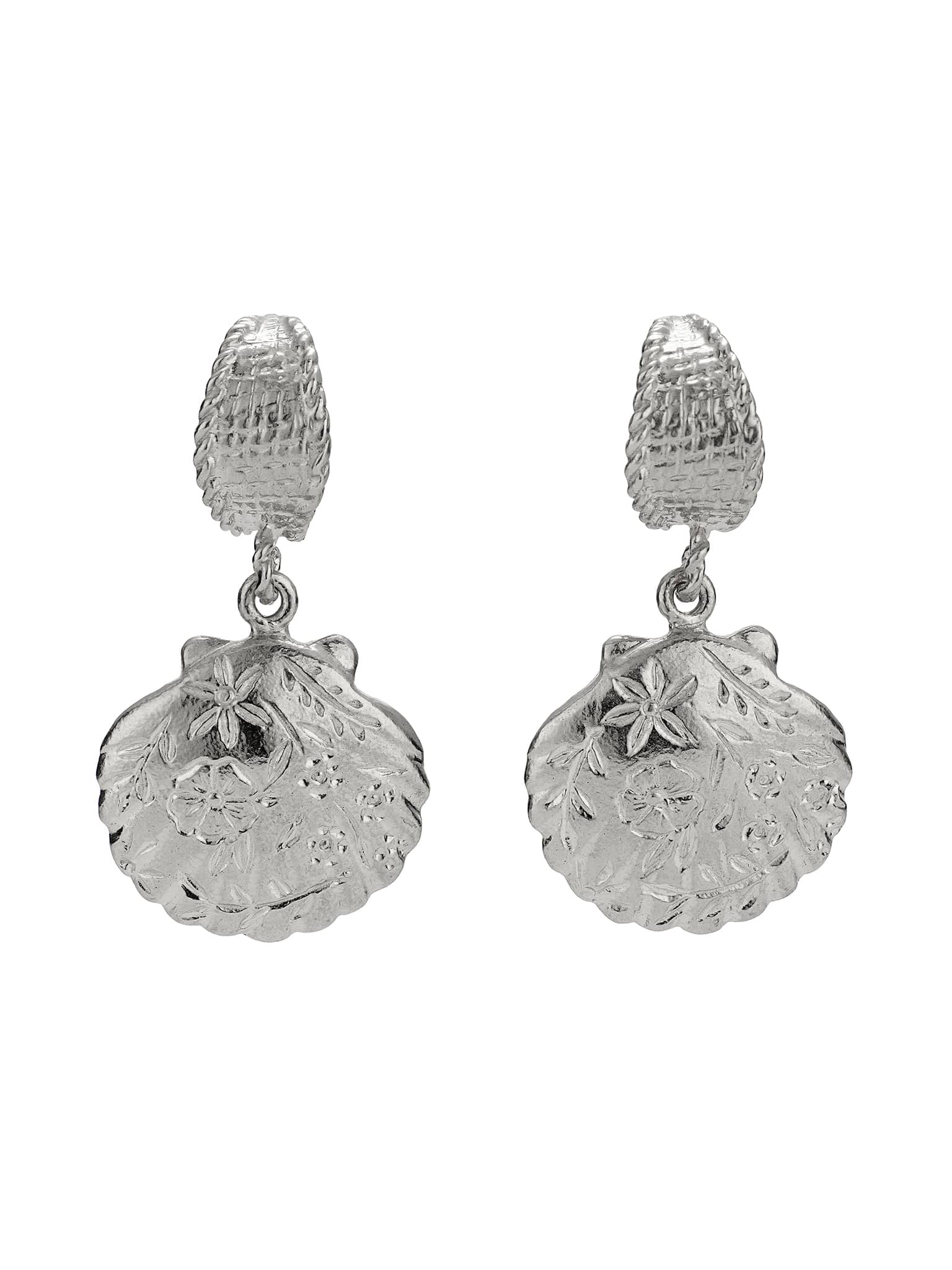Basket Weave Huggie Hoop Earrings with Floral Engraved Scallop Shell Drops - image 9 | silver