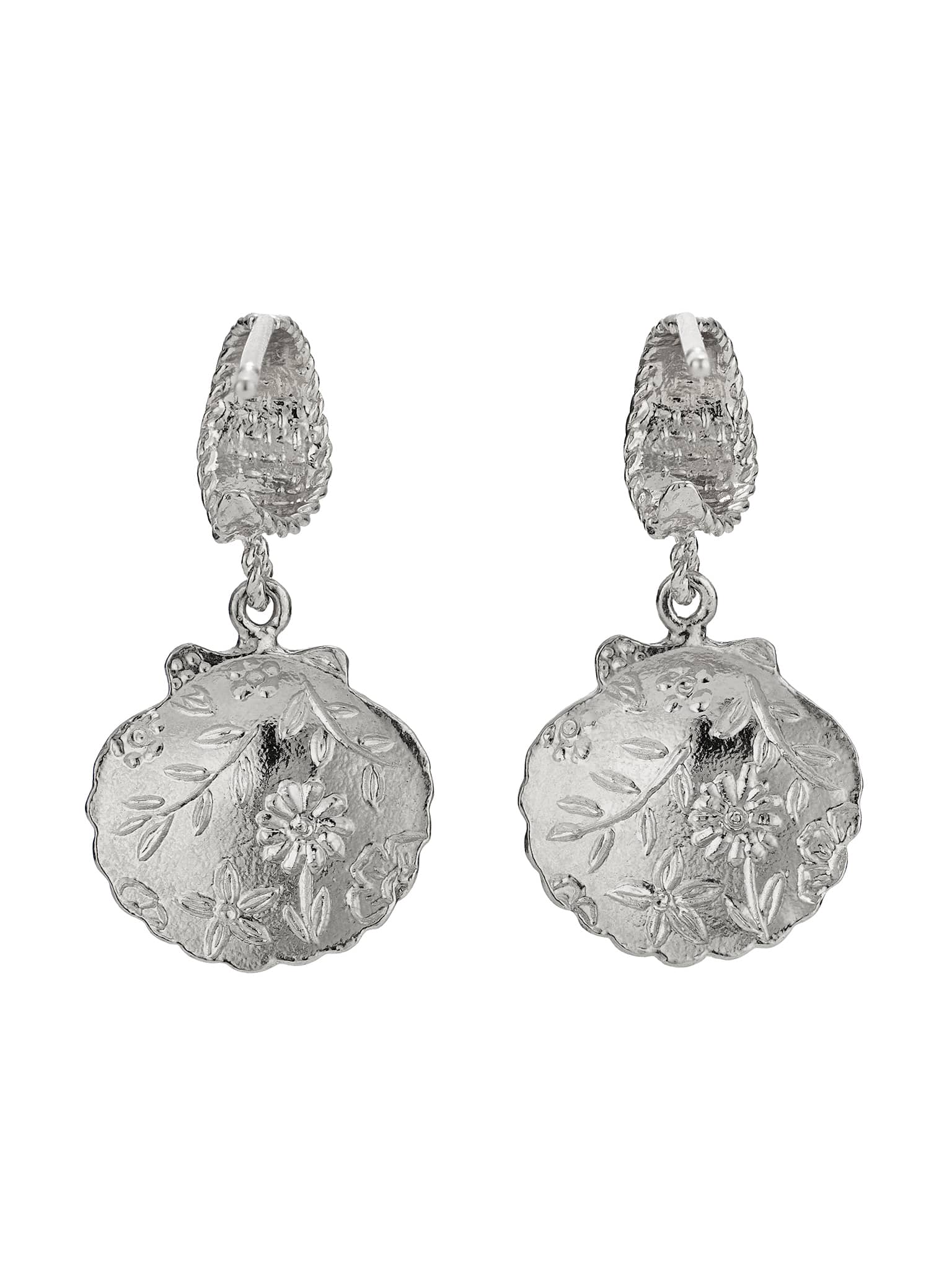 Basket Weave Huggie Hoop Earrings with Floral Engraved Scallop Shell Drops - image 10 | silver