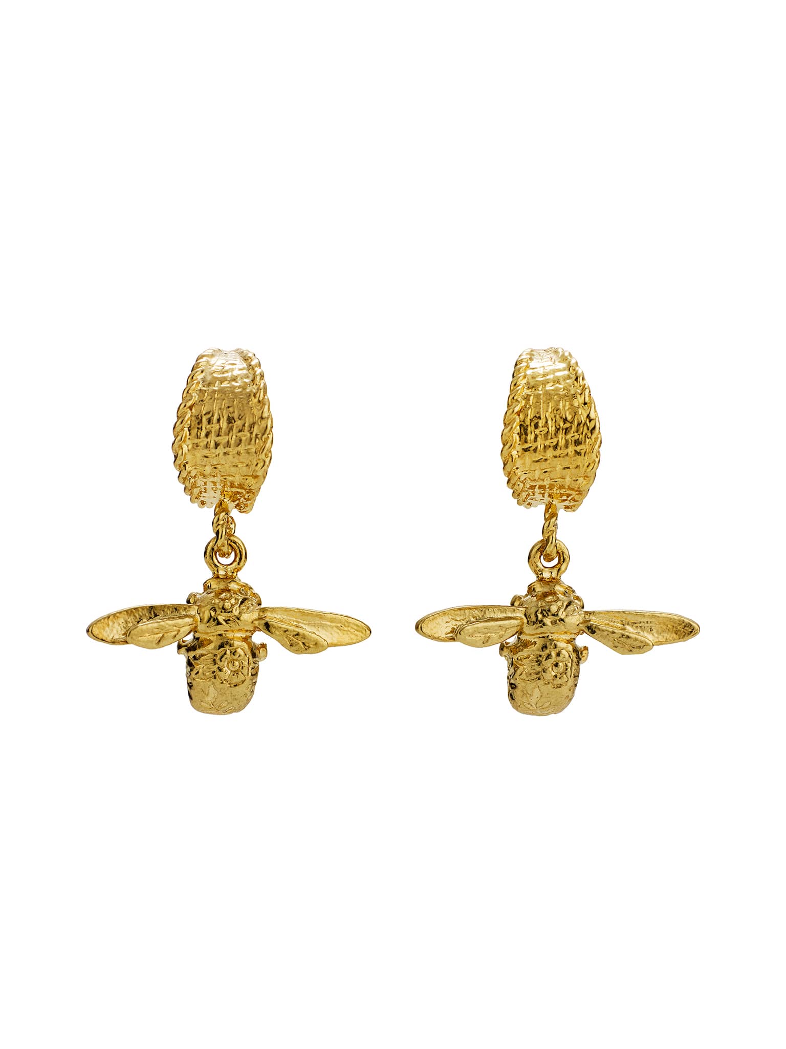 Basket Weave Huggie Hoop Earrings with Floral Engraved Inbetweeny Bee Drops - image 4 | gold plate