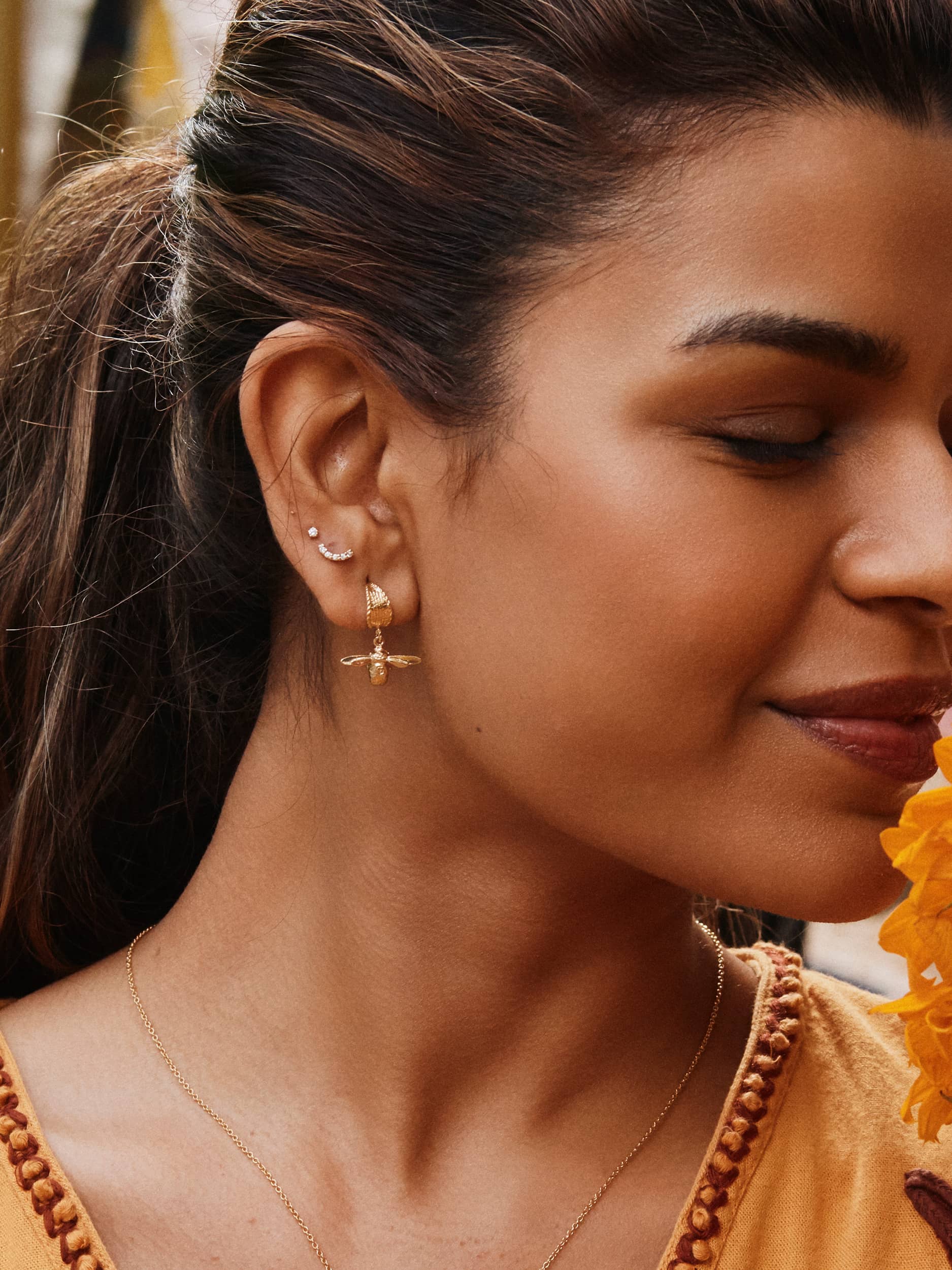 Basket Weave Huggie Hoop Earrings with Floral Engraved Inbetweeny Bee Drops - image 2