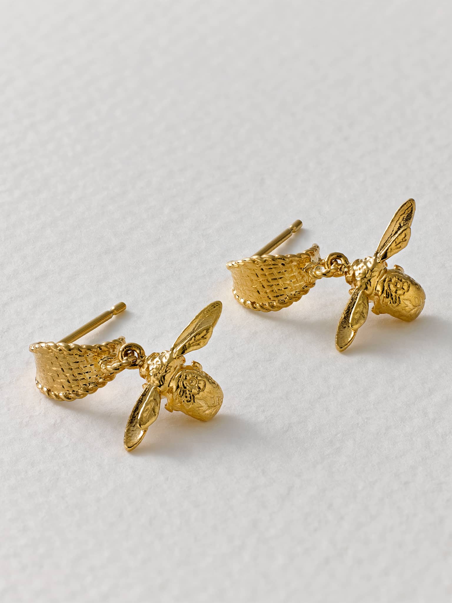 Basket Weave Huggie Hoop Earrings with Floral Engraved Inbetweeny Bee Drops - image 3 | gold plate