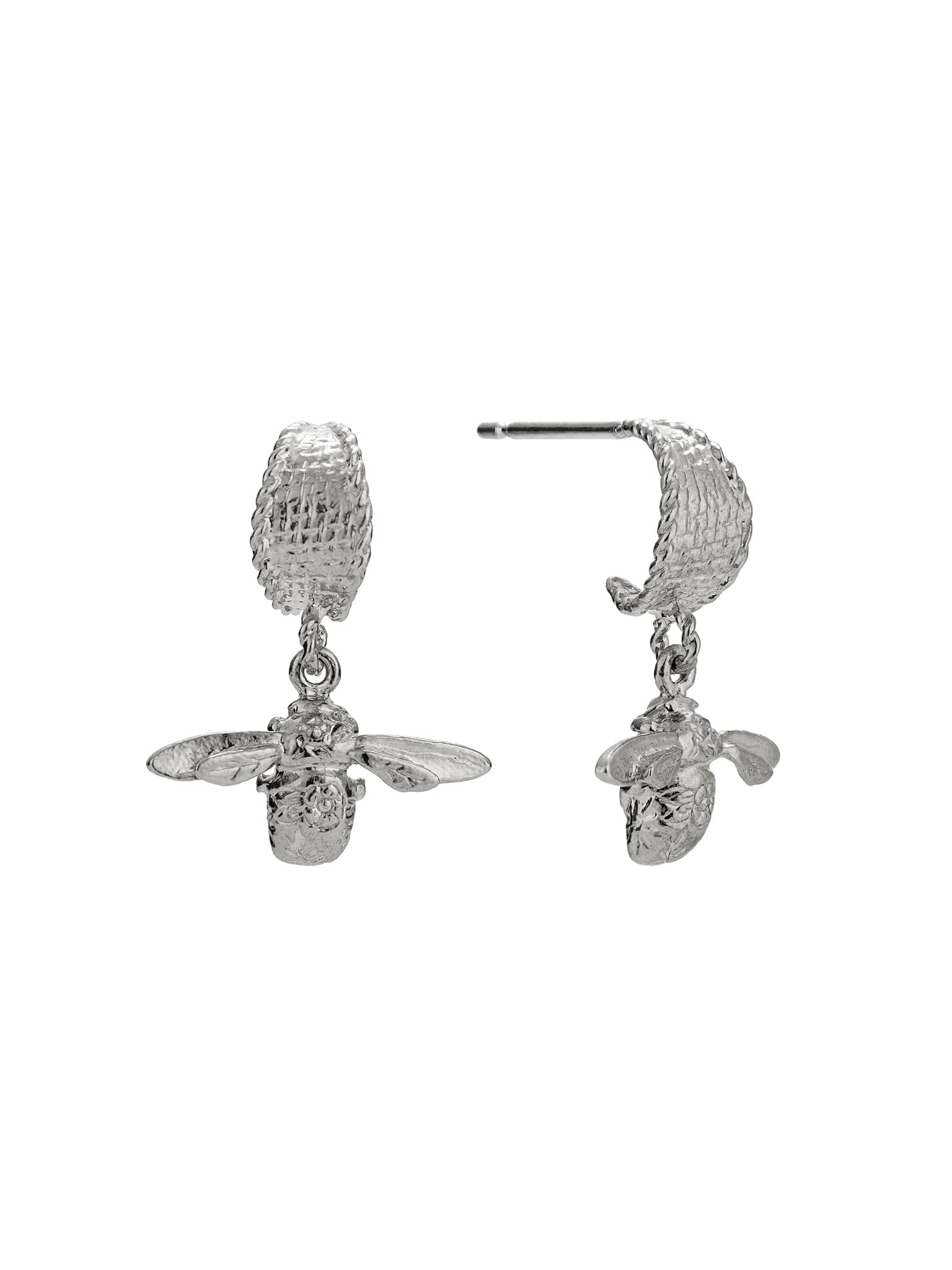 Basket Weave Huggie Hoop Earrings with Floral Engraved Inbetweeny Bee Drops - image 5 | silver